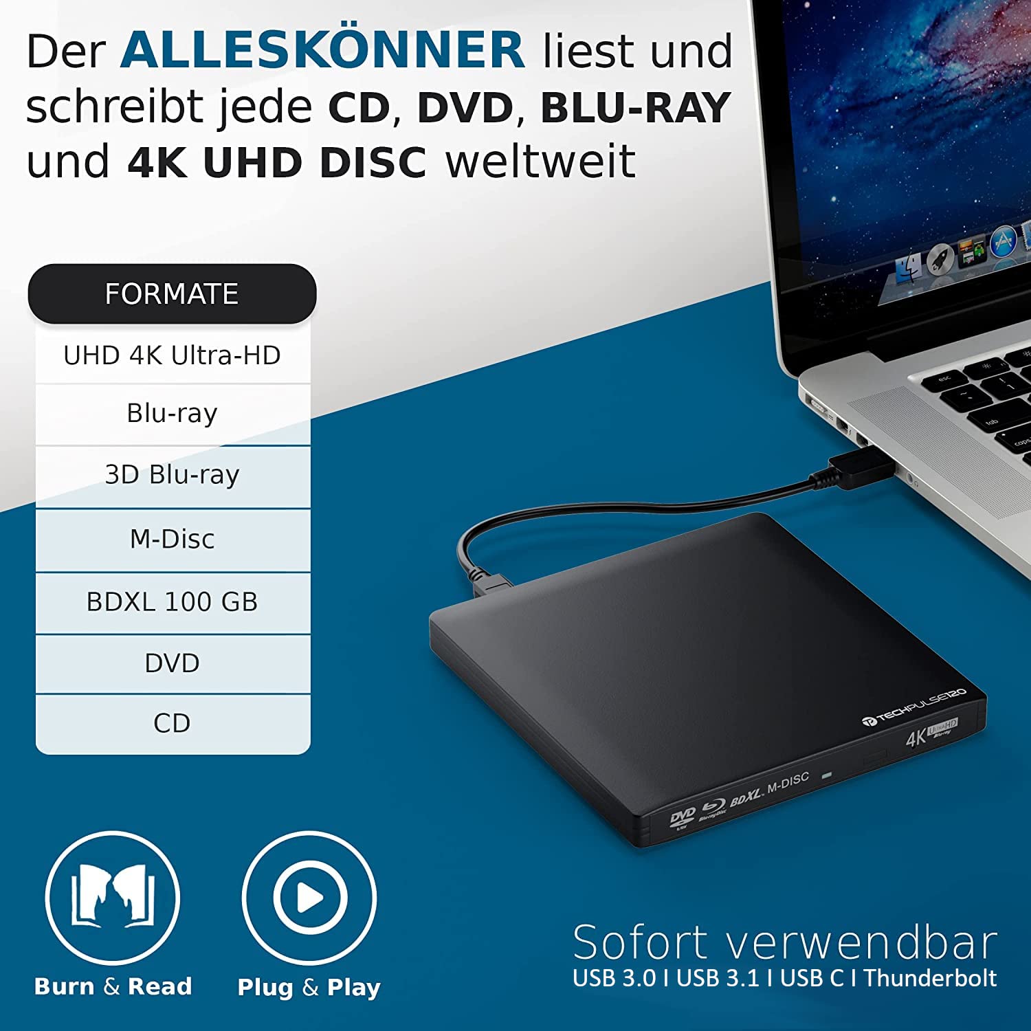 techPulse USB 3.1 USB-C USB 3.0 UHD 4K 3D BDXL Externa Unidad BLU-Ray Grabadora Lector Súper-Slim Escritor Portátil Quemador Superdrive ROM Aluminio Negro