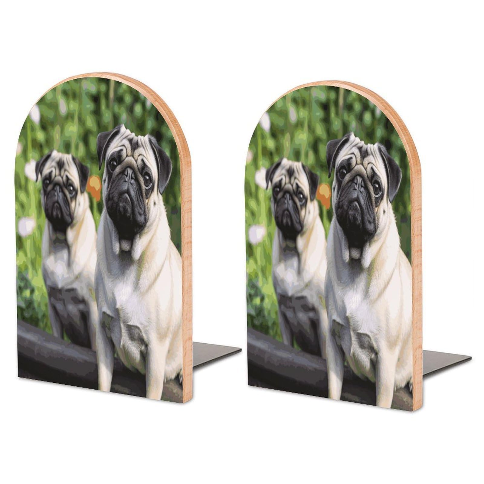 Large Pugs in The Garden Book End with Metal Base Fashion Heavy Duty Bookend Exquisite Wooden Bookends Non-Skid Book Stopper for Shelves Books Organizer for Office Home 1 Pair