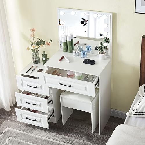JBLCC Escritorio de tocador de maquillaje con espejo tocador con cajones estantes de almacenamiento taburete acolchado para mujeres y niñas 11949