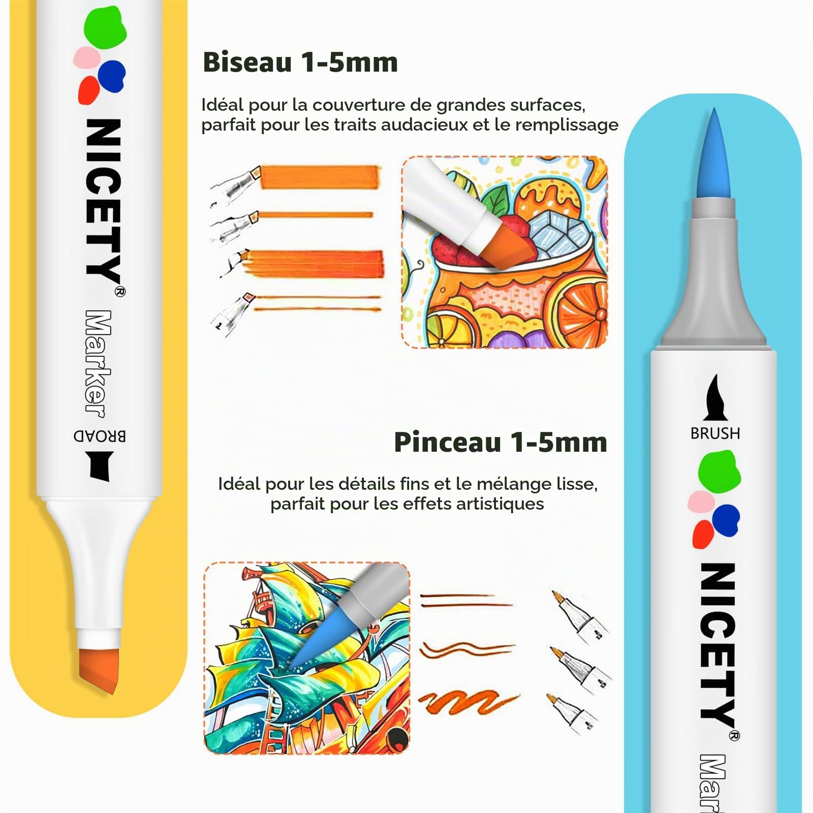 NICETY Lot de 120 marqueurs à alcool à double pointe pinceau et burin – Lot de marqueurs artistiques à base d'alcool pour croquis, dessin, coloriage, peinture, illustration – Marqueurs pour artistes