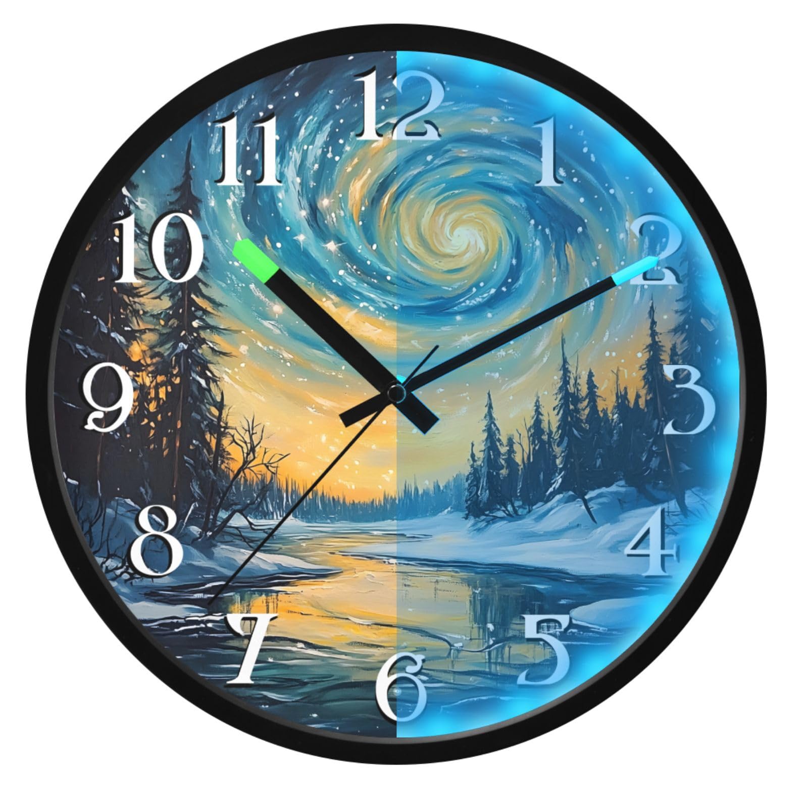 Mnsruu Aurora Sky Forest Galaxy - Reloj de pared luminoso para dormitorio, funciona con pilas, silencioso, brilla en la oscuridad, para sala de estar, cocina, 12 pulgadas