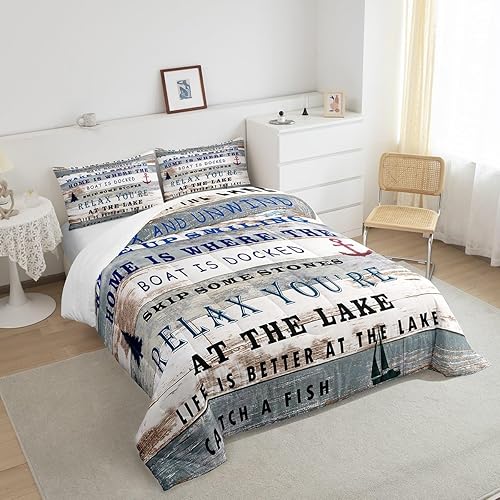 Miniatura 4 de Juego de edredón de tamaño individual con reglas del lago, juego de ropa de cama rústica para campamento, tablero de madera verde azulado, relleno