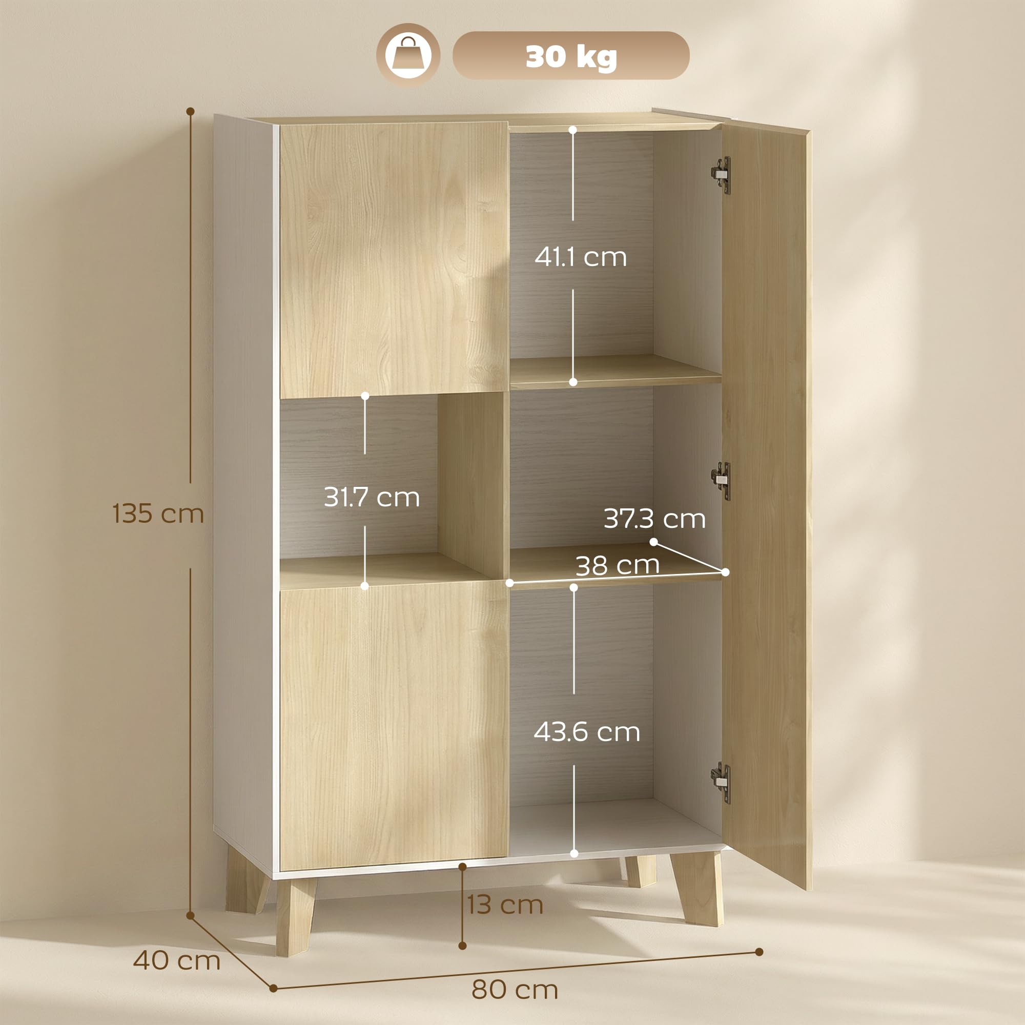 HOMCOM Credenza Cucina, Mobile Cucina 6 Scomparti Bianco e Color Legno | Credenza Buffet, Ante a Chiusura Ammortizzata, Soggiorno, Salotto, Sala da Pranzo