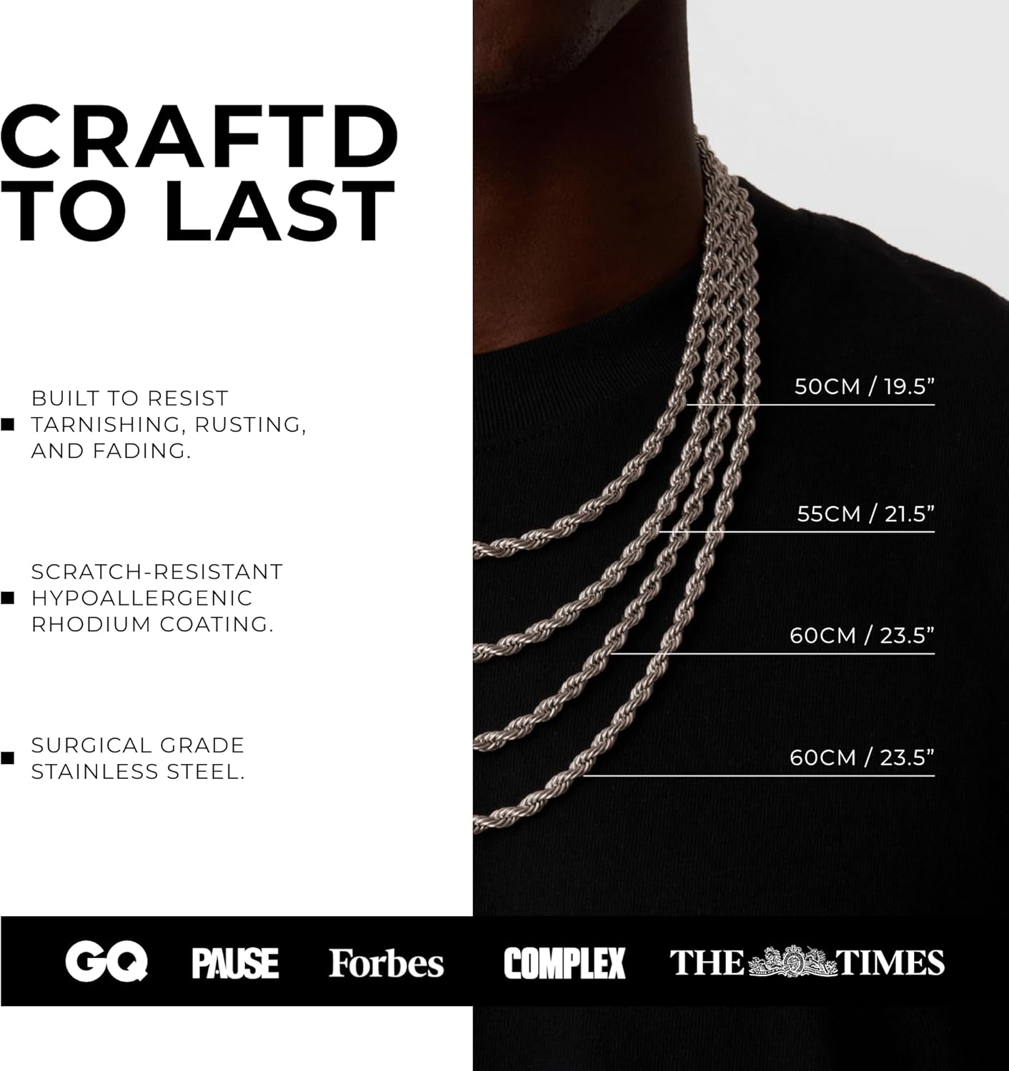 CRAFTD - Silver Rope Link Chain - Durable Rhodium & 316L Stainless Steel - Waterproof, Heat & Sweat Resistant - Gifts for Men - Men's Jewelry - Image 4