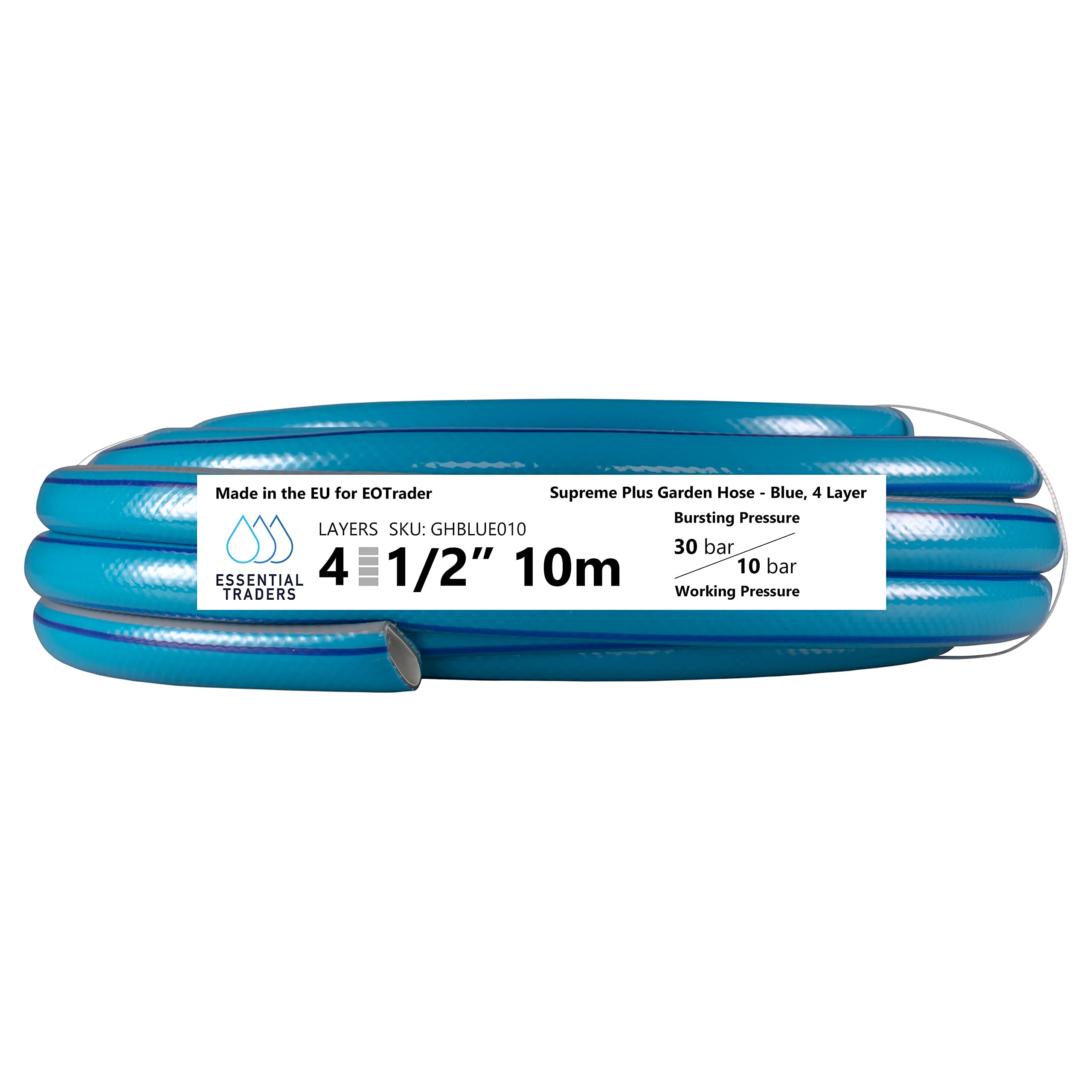Blue & Grey 4-Layer Reinforced Garden Hosepipe – 1/2" Heavy-Duty, Kink Resistant, UV-Resistant, Flexible Water Hose with Anti-Leak Technology for Garden, Lawn, Patio, Car Wash & Outdoor Cleaning (10m)