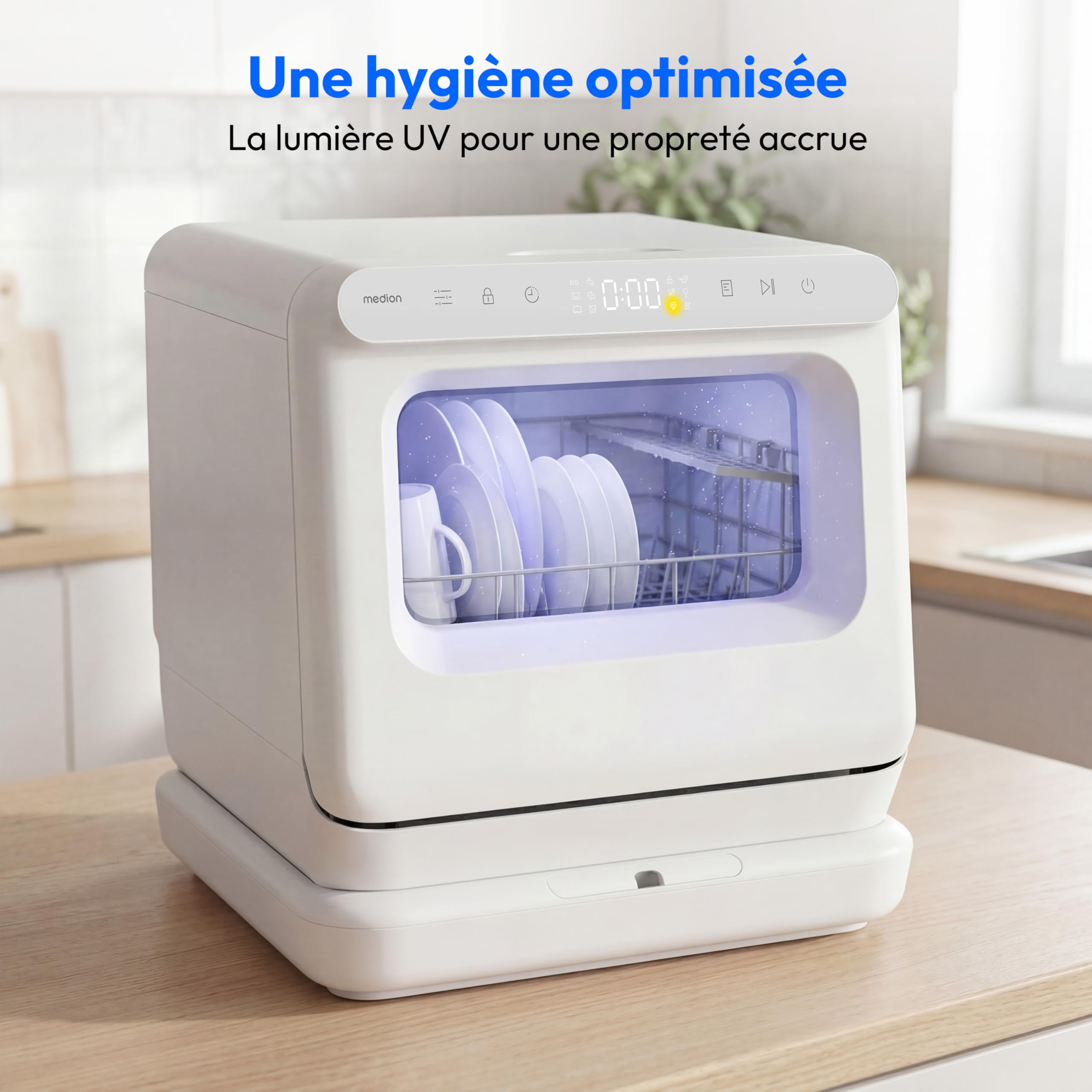 MEDION Mini Lave Vaisselle DWT30, 3 Couverts, Lave Vaisselle de Table, fonctionne avec ou sans raccordement d’eau, 6 Programmes, Lumière UV, Séchage par Ventilation, Écran Tactile, pose libre,
