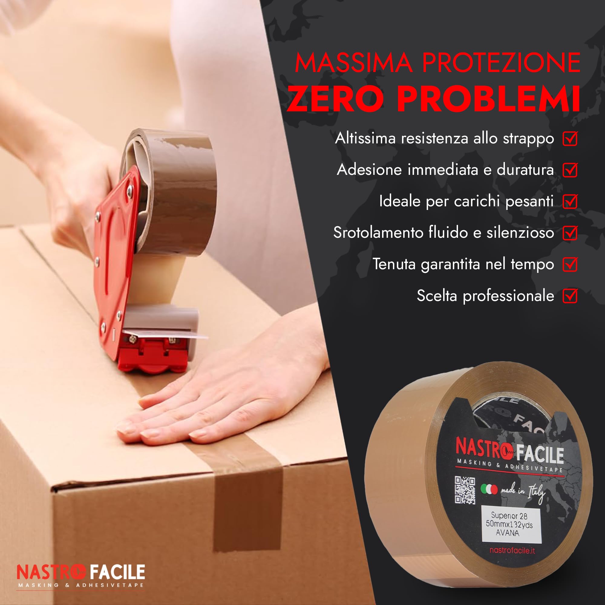 36PCs Nastro Adesivo per Imballo in Polipropilene Acrilico PPA 50mm x 132metri | Svolgimento Rumoroso - Avana