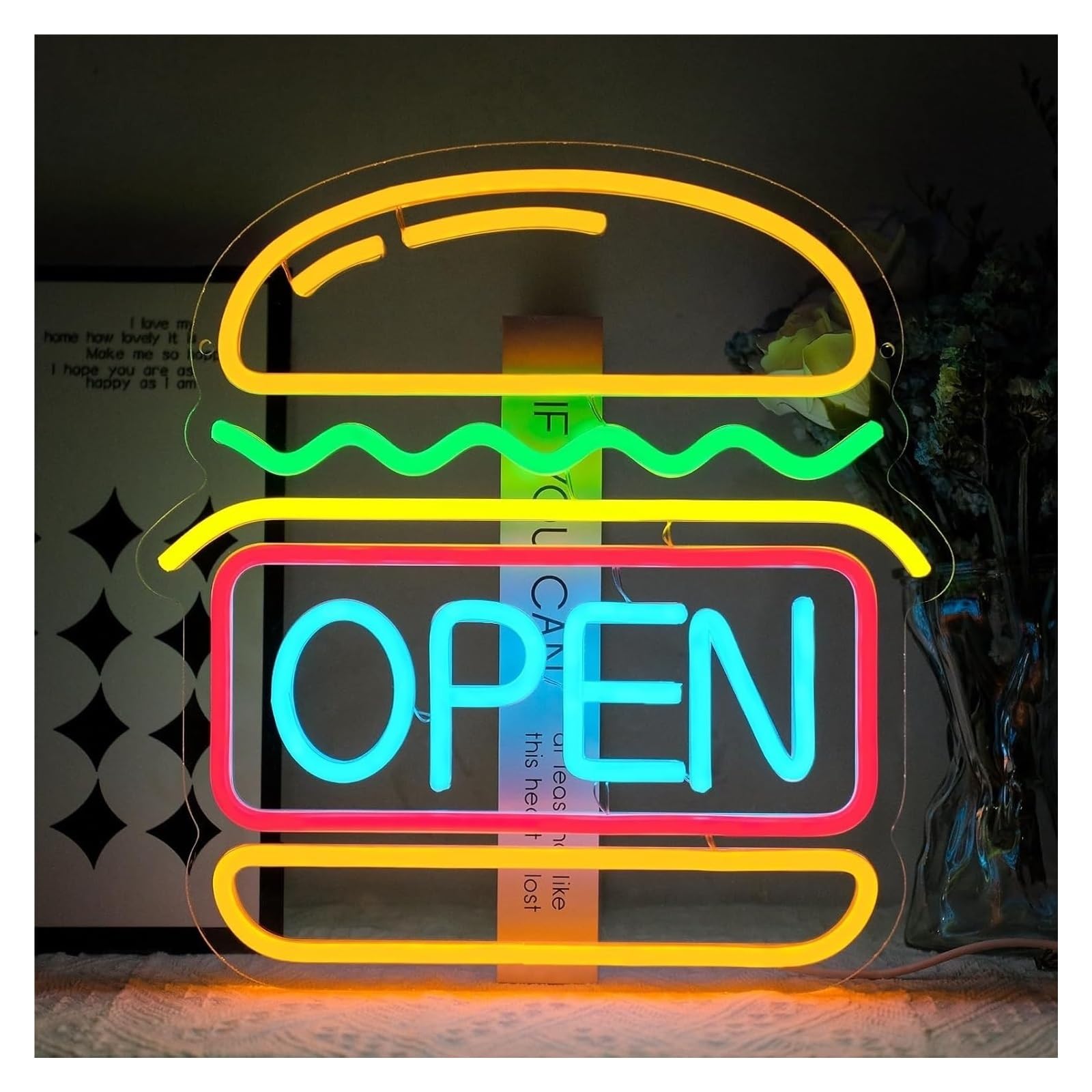Zynther Neon lamp Hamburger Open Neon LED Sign Burger Shop Business Fast Food Welcome Opening Room Decor(Changeable)