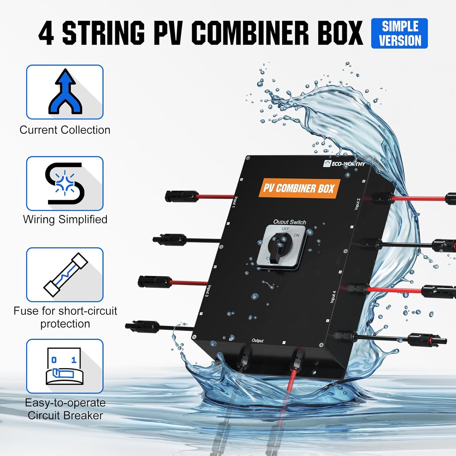 Diagram showing key features of the combiner box: current collection, wiring simplified, fuse for short-circuit protection, and easy-to-operate circuit breaker.