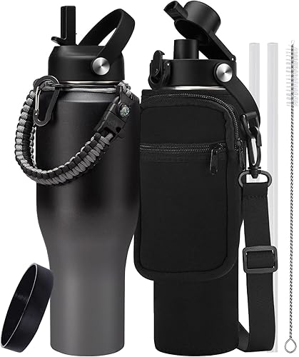 Vaso delgado de taza aislada que se adapta al portavasos, botella de agua de metal de 40 onzas con popote y tapas de boquilla automática, mango de