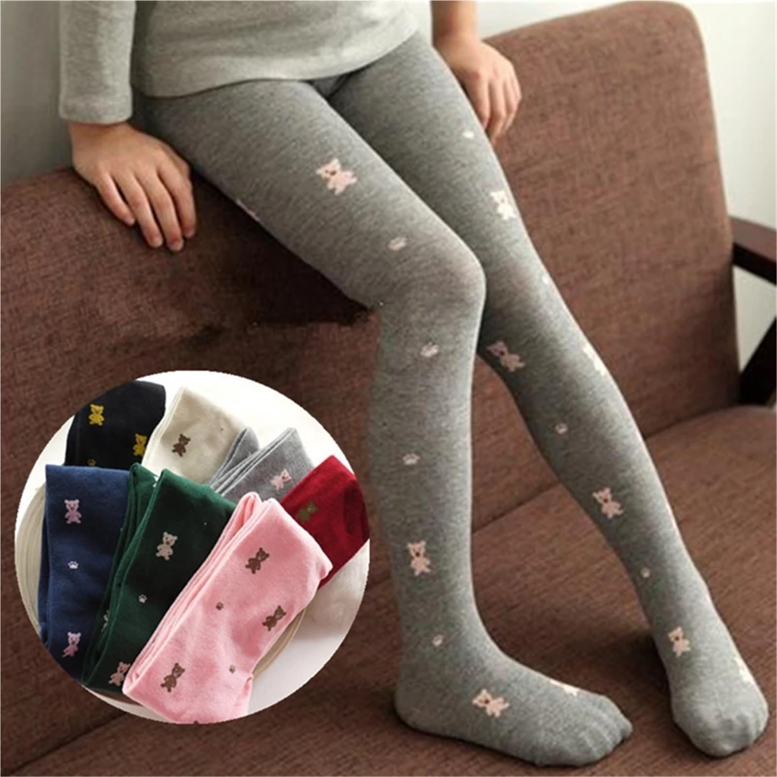 Pantimedias de Oso Lindo for niños de otoño y Primavera for niñas – Medias de algodón con Dibujos Animados for niños (2-6 años)(Black,S)