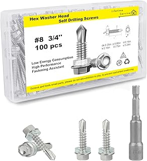 #8 x 3/4'' Hex Washer Head Self-Drilling Screws, Metal Screws, Gutter Self-Tapping Screws, 410 Stainless Steel Self-Tapping Tek Screws with Non-Slip Rubber Washers and an Socket Driver (100 pcs)