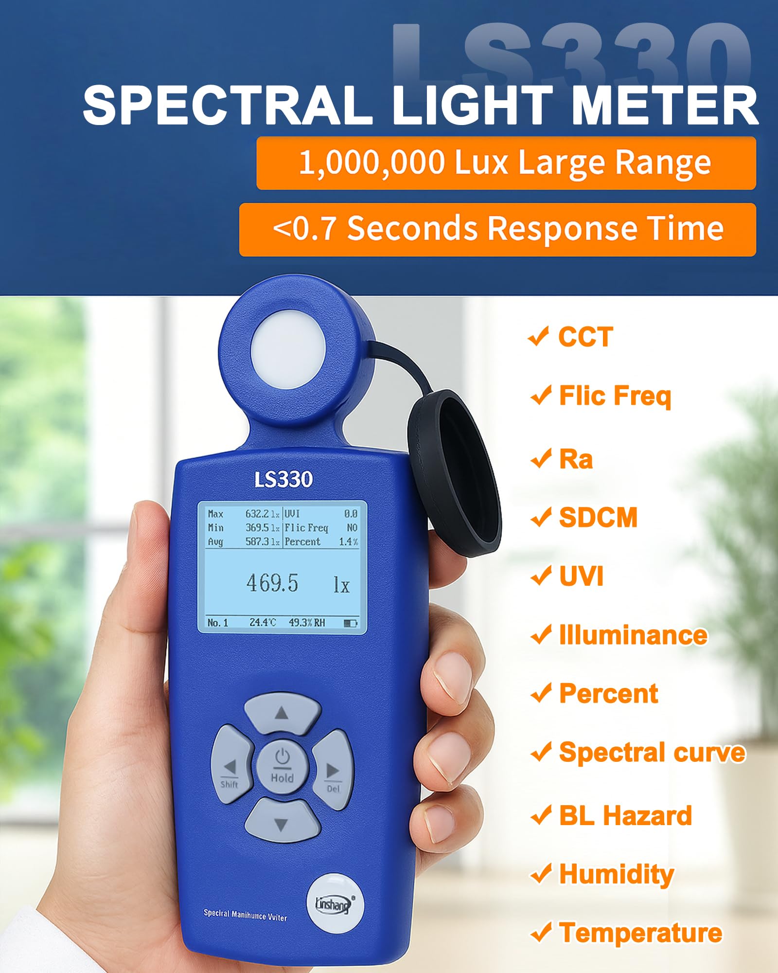 Lichtmessgerät Luxmeter, 0-1,000,000 Lux, CCT/CRI/UV/PPFD/μmol, Spektrales Beleuchtungsstärkemessgerät, Photometer, hohe Präzision, Farbtemperatur, Lumenmessgerät, PAR Meter LS330 für Pflanzen