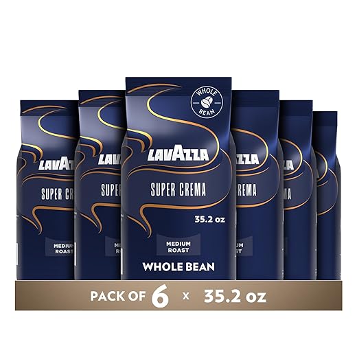 Lavazza Super Crema Whole Bean Coffee, Medium Espresso Roast, Arabica and Robusta Blend, 2.2 lb Bag, Package May Vary (Pack of 6)