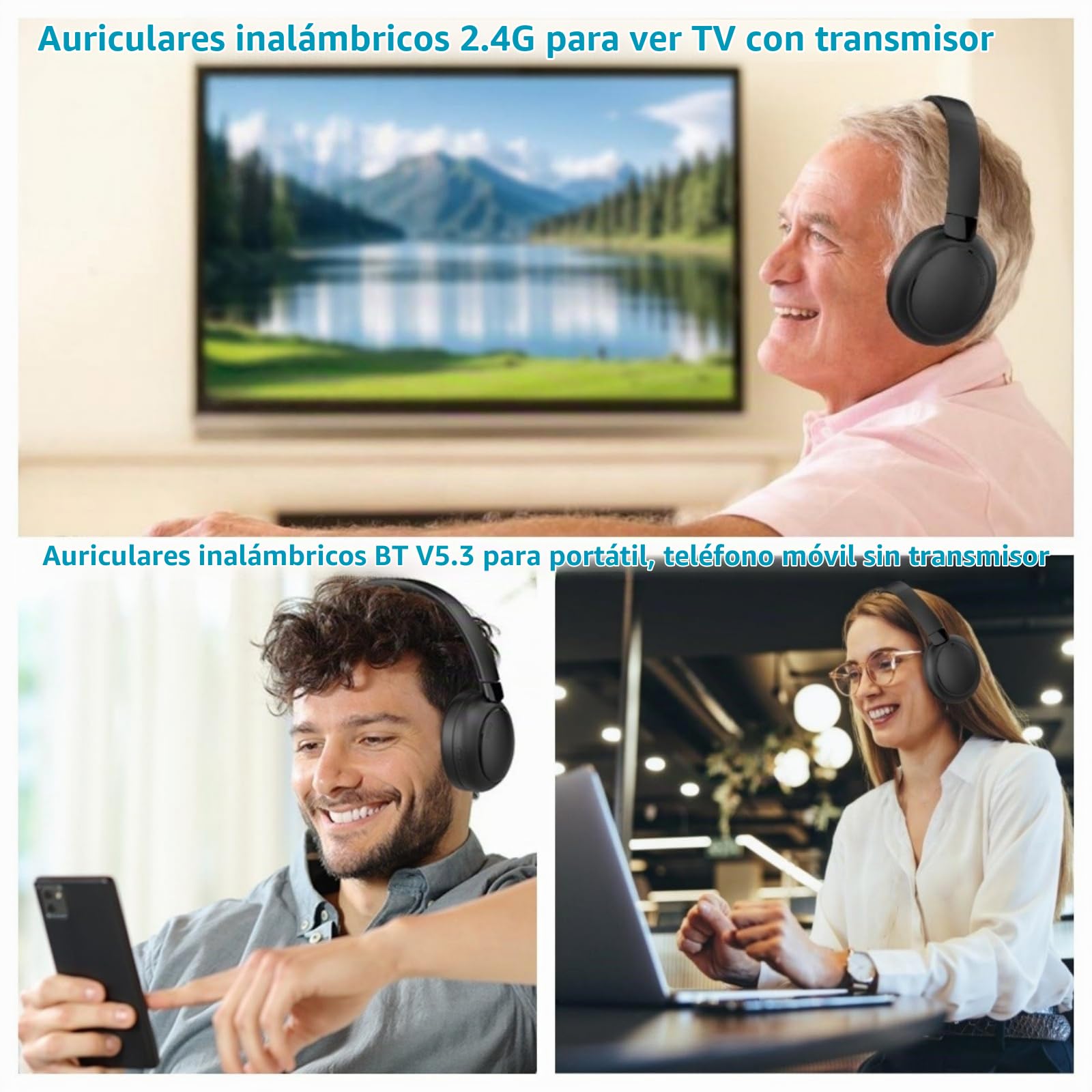 Auriculares Inalámbricos para TV, 2.4G y Bluetooth 5.3 Modo Dual Auriculares TV para Ancianos, Sin Retraso de Sincronización Labial, Aptos para Ancianos con Base Transmisión, Soporte Óptico/USB/RCA/BT