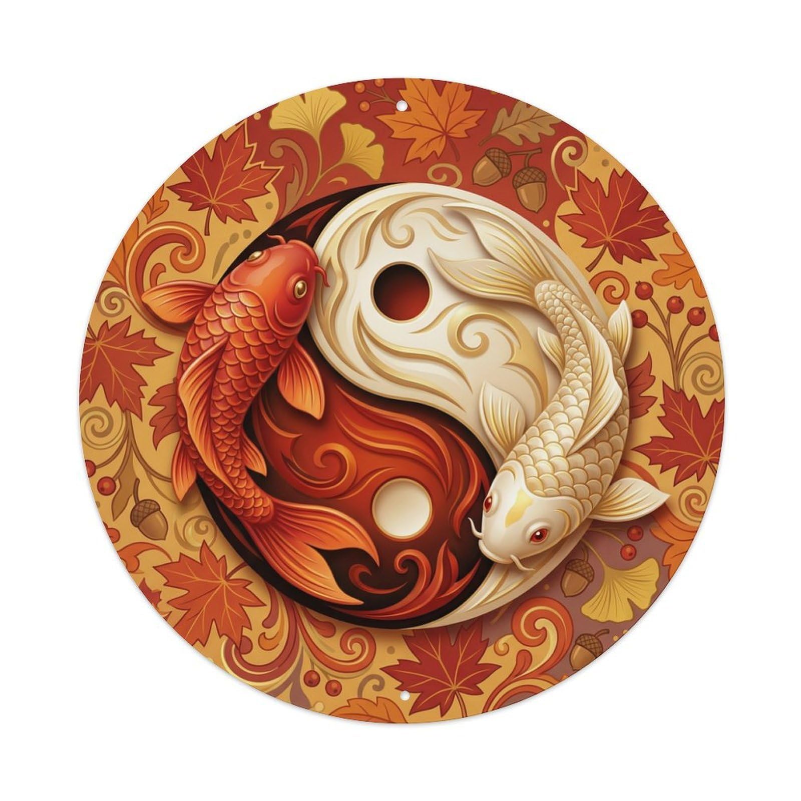 Metal Tin Sign Tai Chi Koi Fish Maple Red Orange
