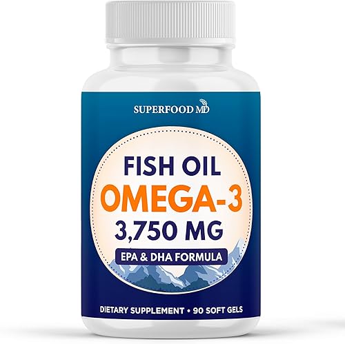 Aceite de pescado Omega 3 Triple Strength 3750 mg - EPA y DHA - Más de 3000 mg de ácidos grasos omega-3 - 1350 mg EPA + 900 mg DHA - Los mejores