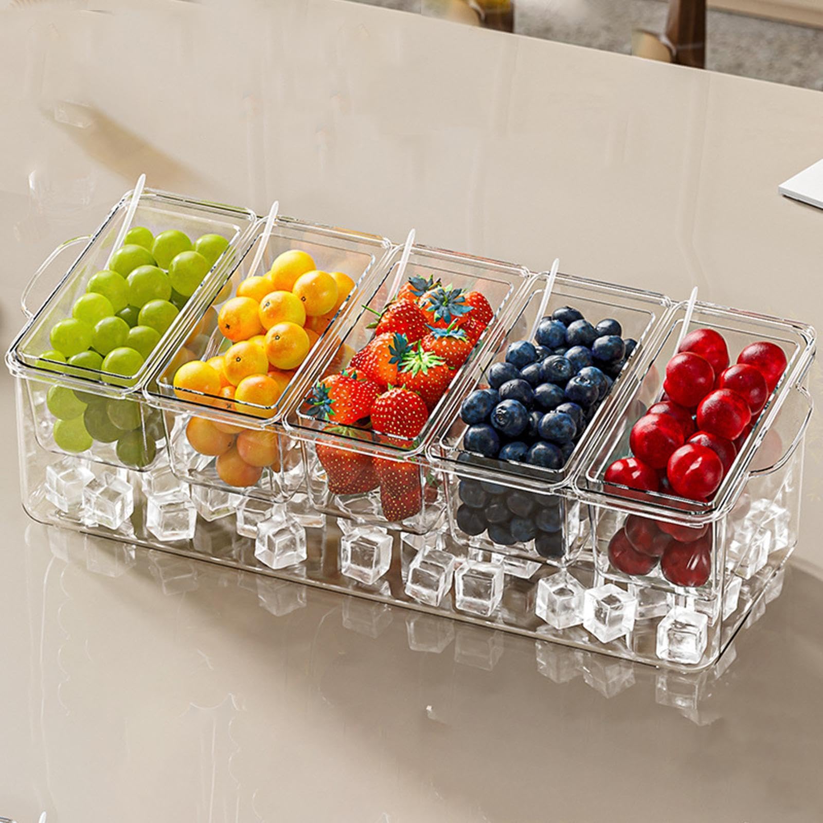 Servidor de Condimentos Refrigerado con 5 Compartimentos, Recipiente para Condimentos, Bandeja para Ensaladas