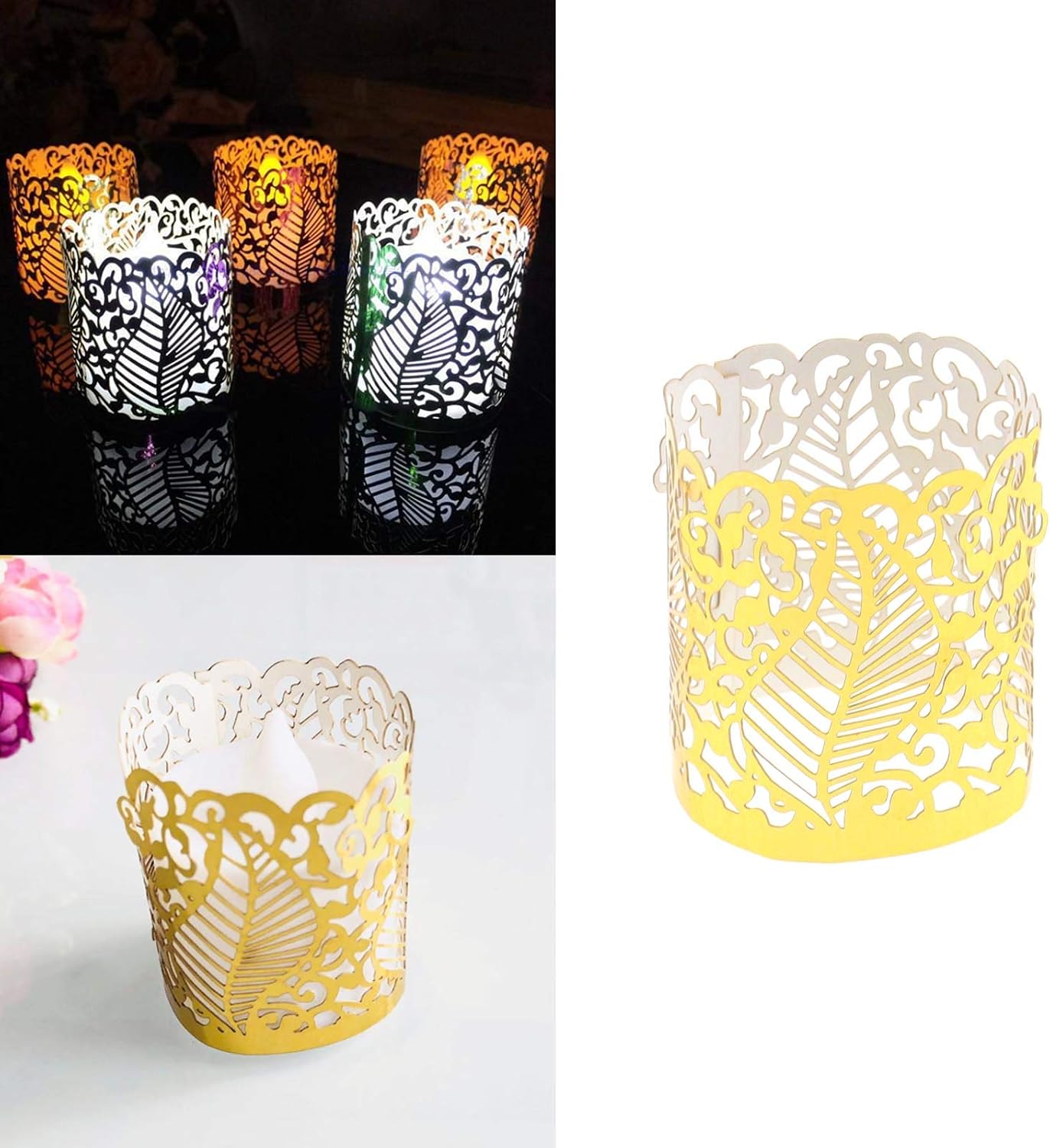 YINETTECH 50Pcs Tea Light Candle Holders Lampshade LED Electronic Candle Light Holders Laser Hollow Paper for Votive Centerpieces Wedding Birthday Party Baby Shower Golden - Image 3