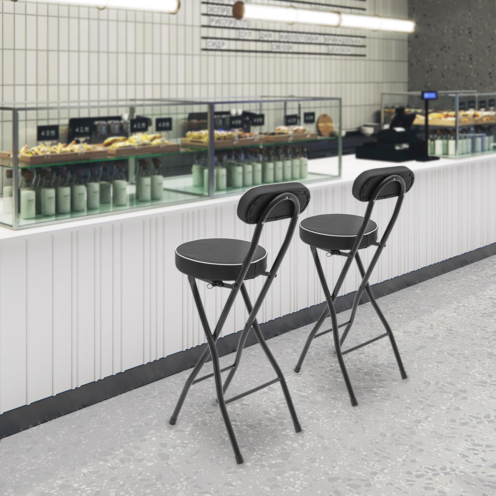 Ropoana 2 Pcs Cushioned Padded Folding Stool, 25.6inch Bar Stool, Portable Bar Stool with Back for Camping, Counter, Barbecues, Kitchen, Indoor, Outdoor (Black)