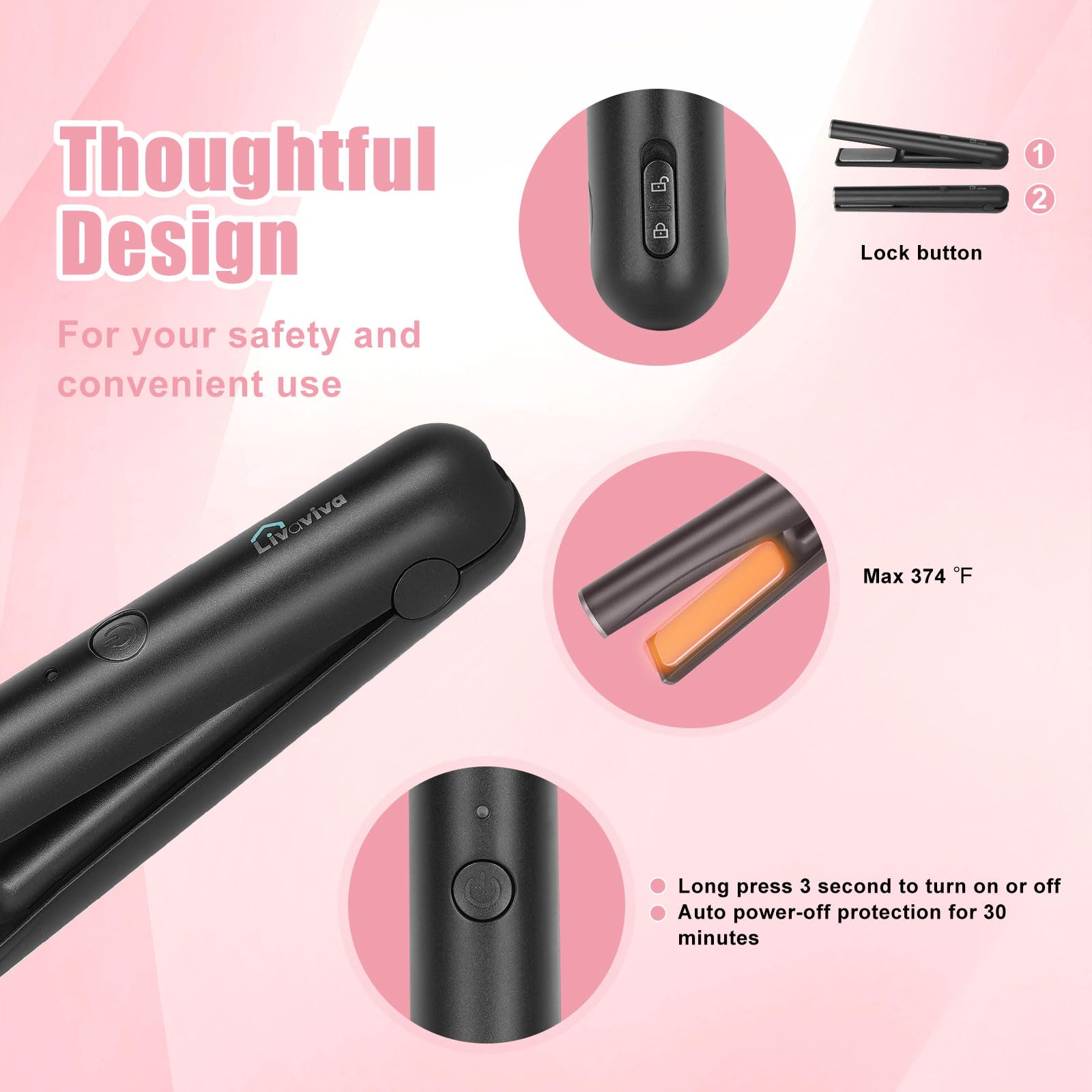 Mini alisador de pelo inalámbrico portátil, recargable por USB, calentamiento rápido que puede funcionar continuamente durante 40 minutos, rizador inalámbrico para viajes (negro)