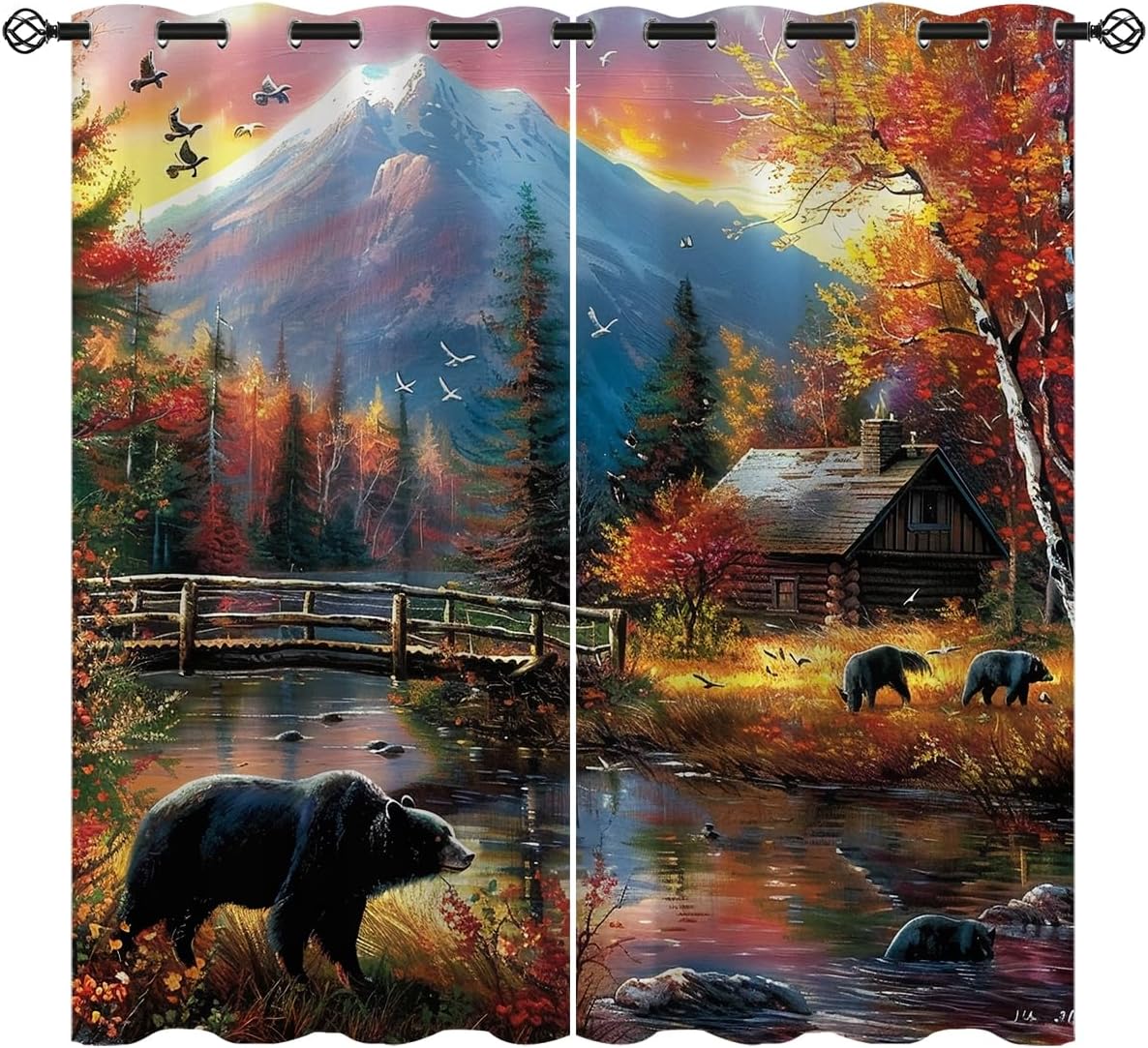 Rustic Cabin Blackout Curtains for Girls Boy Home Decor, Farmhouse Bear Wild Animal Grommet Thermal Insulated Drapes Darkening Window Curtain for Bedroom Living Room, 42 x 45 Inch