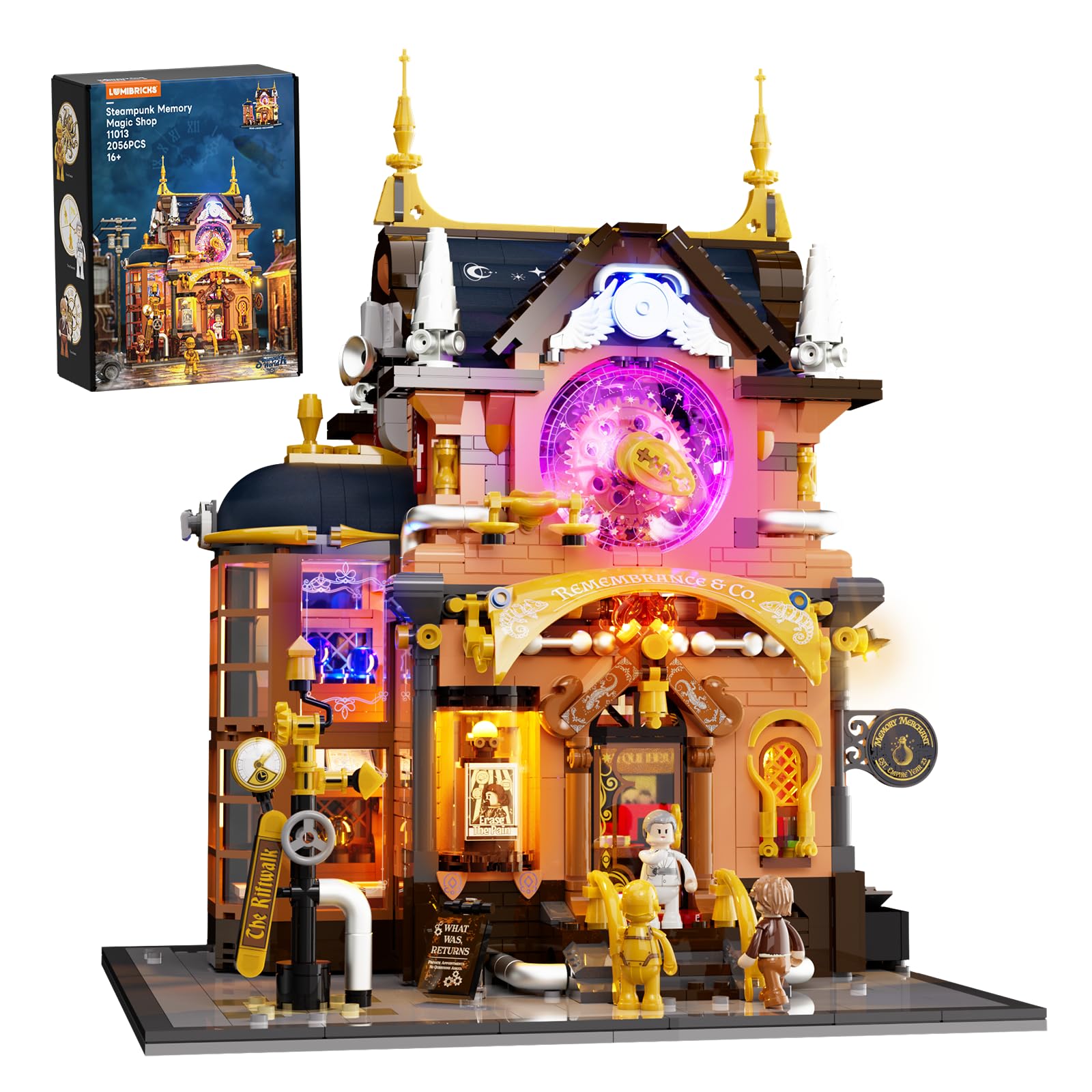 LUMIBRICKS Steampunk Memory Magic Shop Lighting Building Set - 2056-Piece Victorian Fantasy Modular House with Gears Fast-Detach Design,11 LED Lights - Premium Collectible Kit for Adults & Teens
