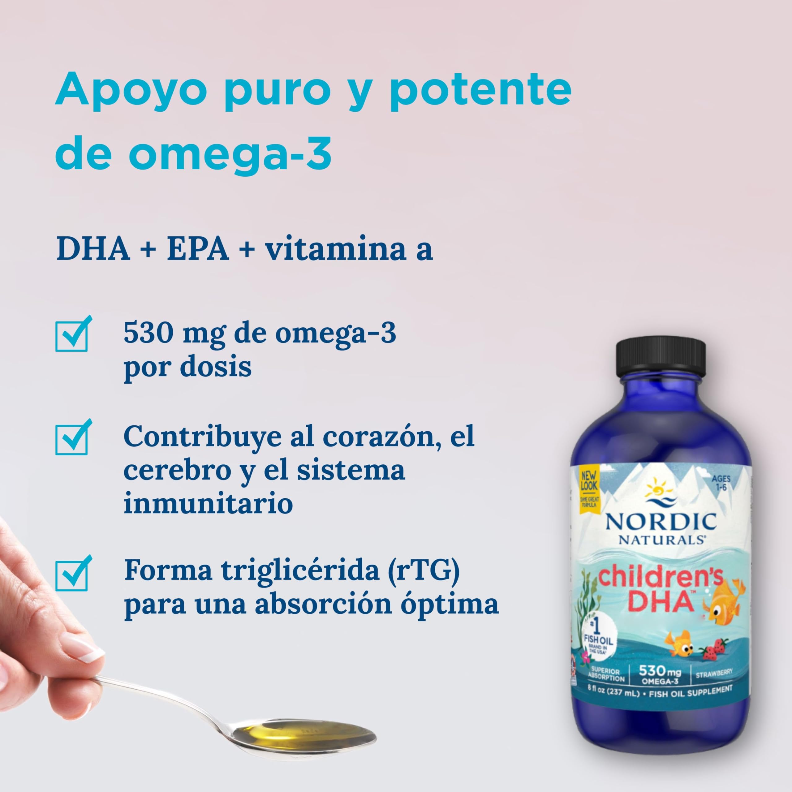 Nordic Naturals, Children's DHA, 530mg Omega-3 de Aceite de Hígado de Bacalao, Sabor Fresa, con EPA y DHA, 237ml, Testado en Laboratorio, Sin Soja, Sin Gluten, No GMO