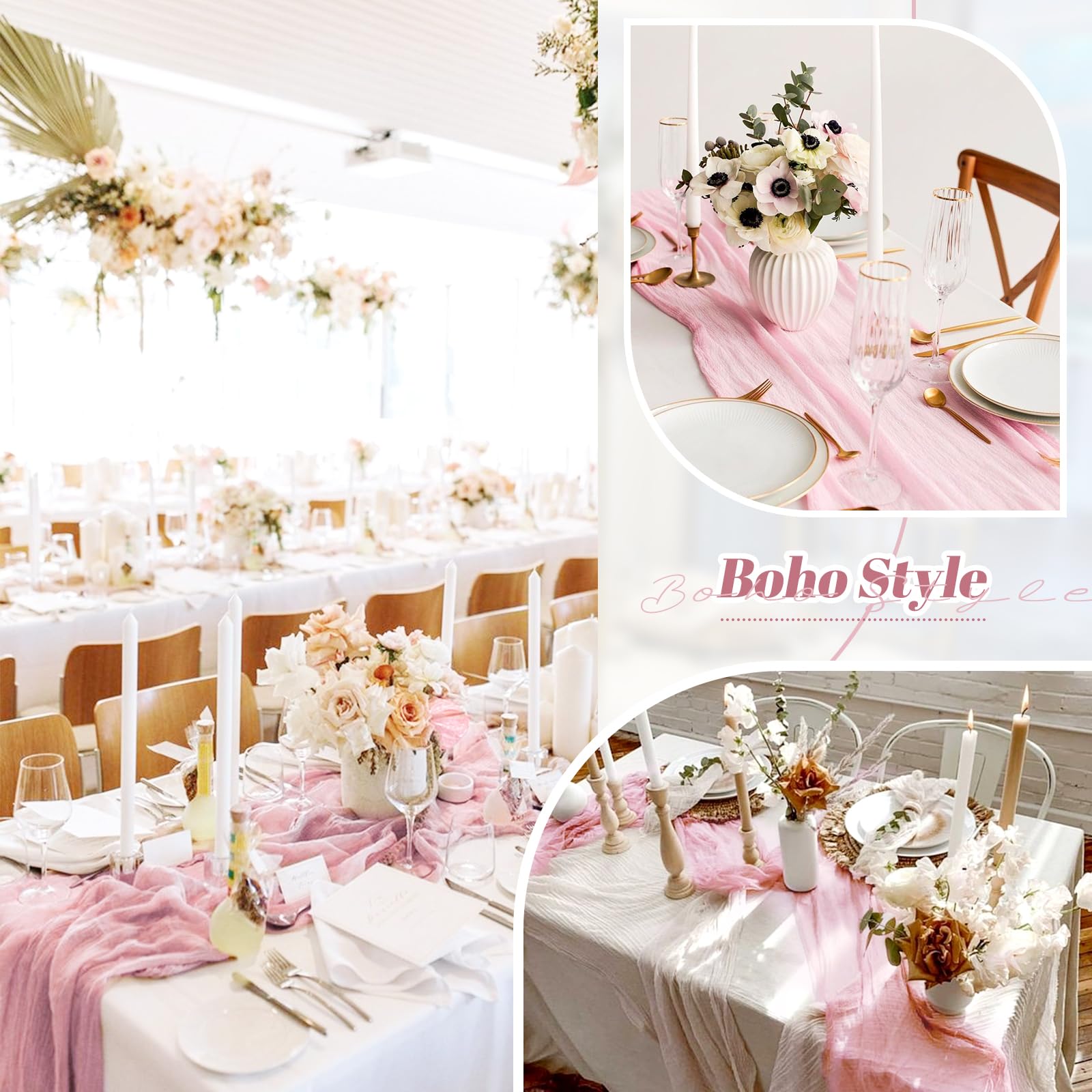 Wedding Table Runners 16-Pack Light Pink Cheesecloth Table Runners - 20x120  Inch Boho Gauze Fabric For Wedding \u0026 Party Decor Green Table Cloth, image size:1600x1600