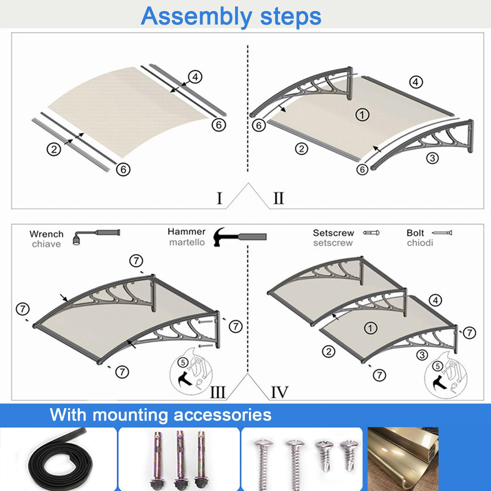 Pensilina Tettoia per Porta Balcone Esterno,Tenda da Veranda Pensilina in Policarbonato e Alluminio, Tendalino per Finestra Antivento Resistente ai Raggi Uv,con Accessori (45x150cm/18"x59")