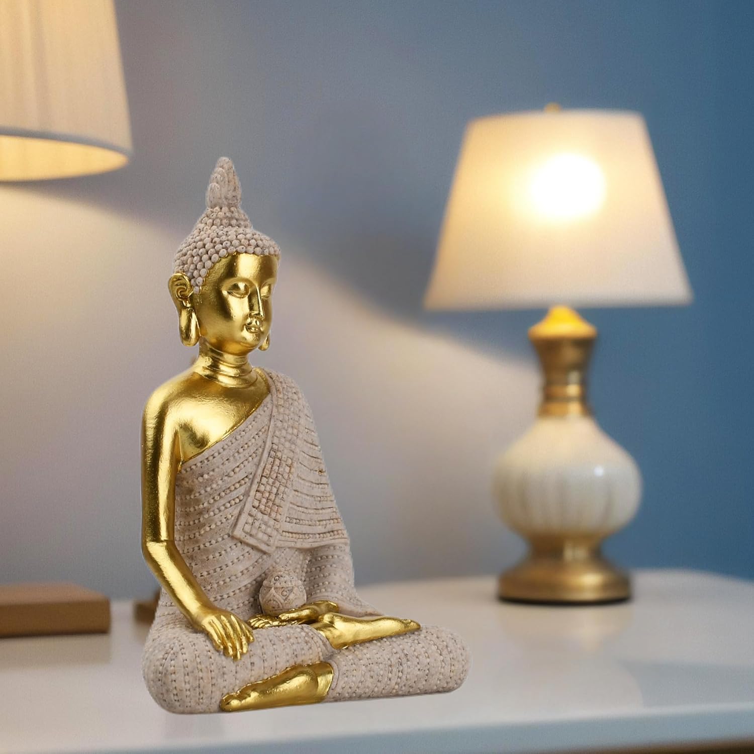 6.5 Inch Hand-Painted Buddha Statue - Exquisite Meditation Sculpture for Home/Office Desk, Feng Shui Zen Decor, Unique Housewarming Gift - Gilded Sandstone