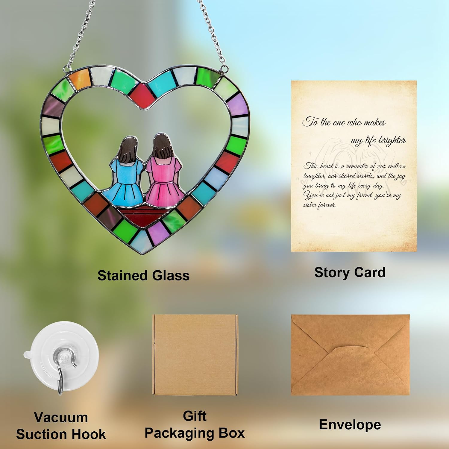 Sister Figurines Sun Catchers - Stained Glass Window Hanging for Women, Bestie Friendship Christmas & Birthday Gift, Stained Glass Window Hanging for Friends