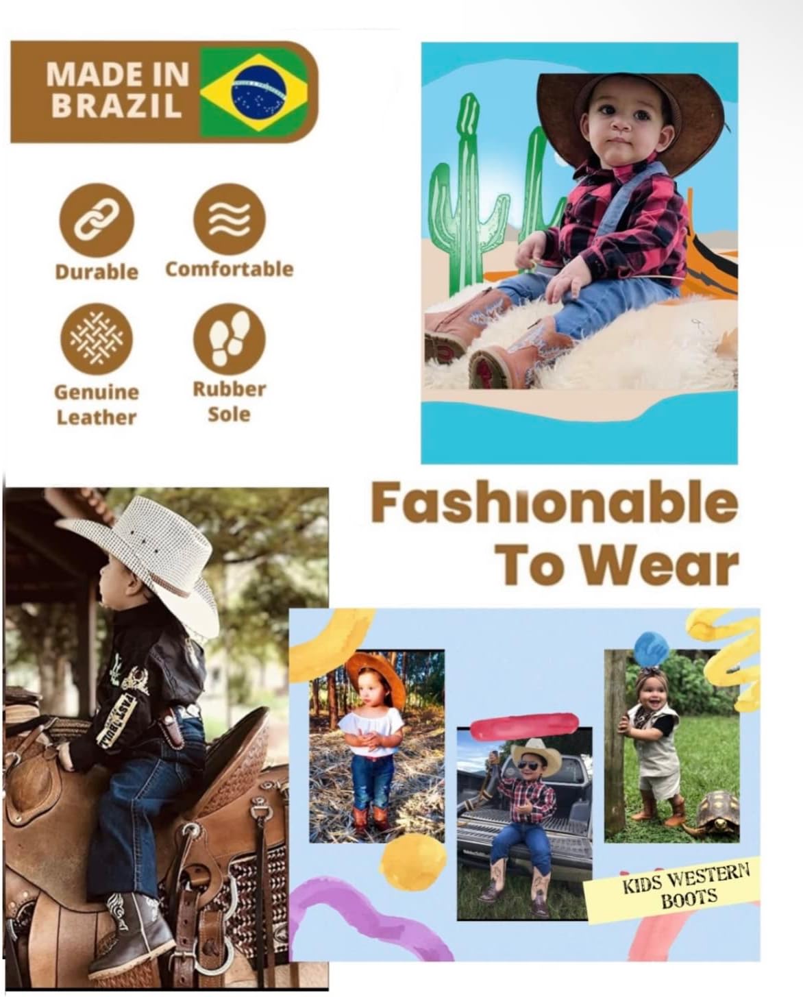 King USA Texas Real leather Western Boots - Infant Toddler Boys Girls Cowboy Cowgirl Zipper Boots with Rubber Soles
