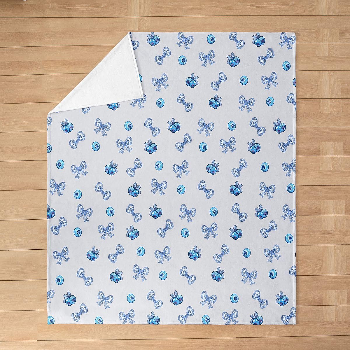 Erosebridal Blueberry Flannel Blanket Queen 90x90 | Girly Blue Bow Blueberry Fuzzy Plush Throw for Sofa Coquette Decor Fleece Blanket Dreamy Princess Style Pattern All Season
