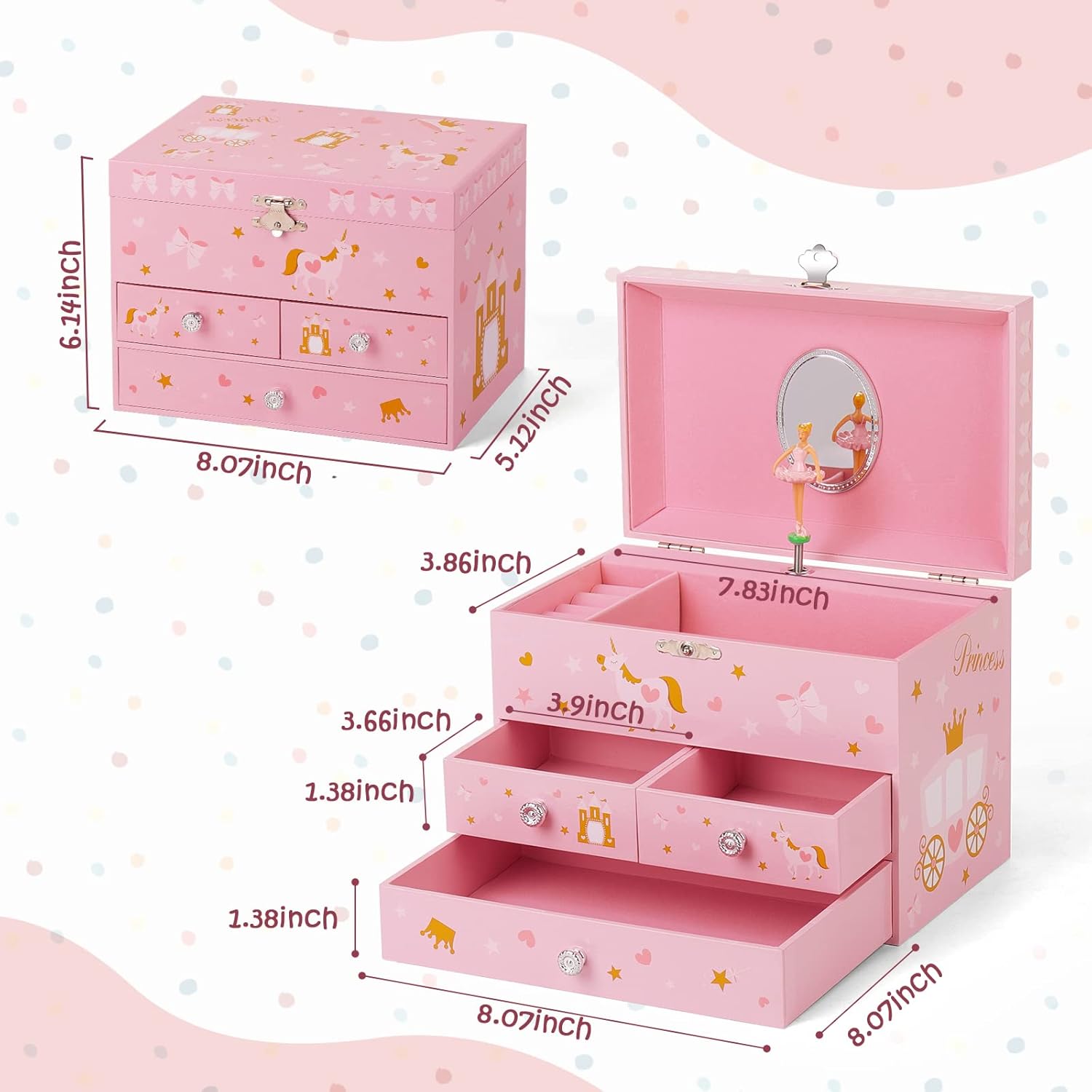 Musical Jewelry Box for Girls 8.07 x 5.12 x 6.14 with 3 Pullout Drawers Spinning Ballerina & Unicorn Jewelry Set, Music Boxes for Birthday Valentine Christmas Gift Waltz of Flowers Tune - Image 2