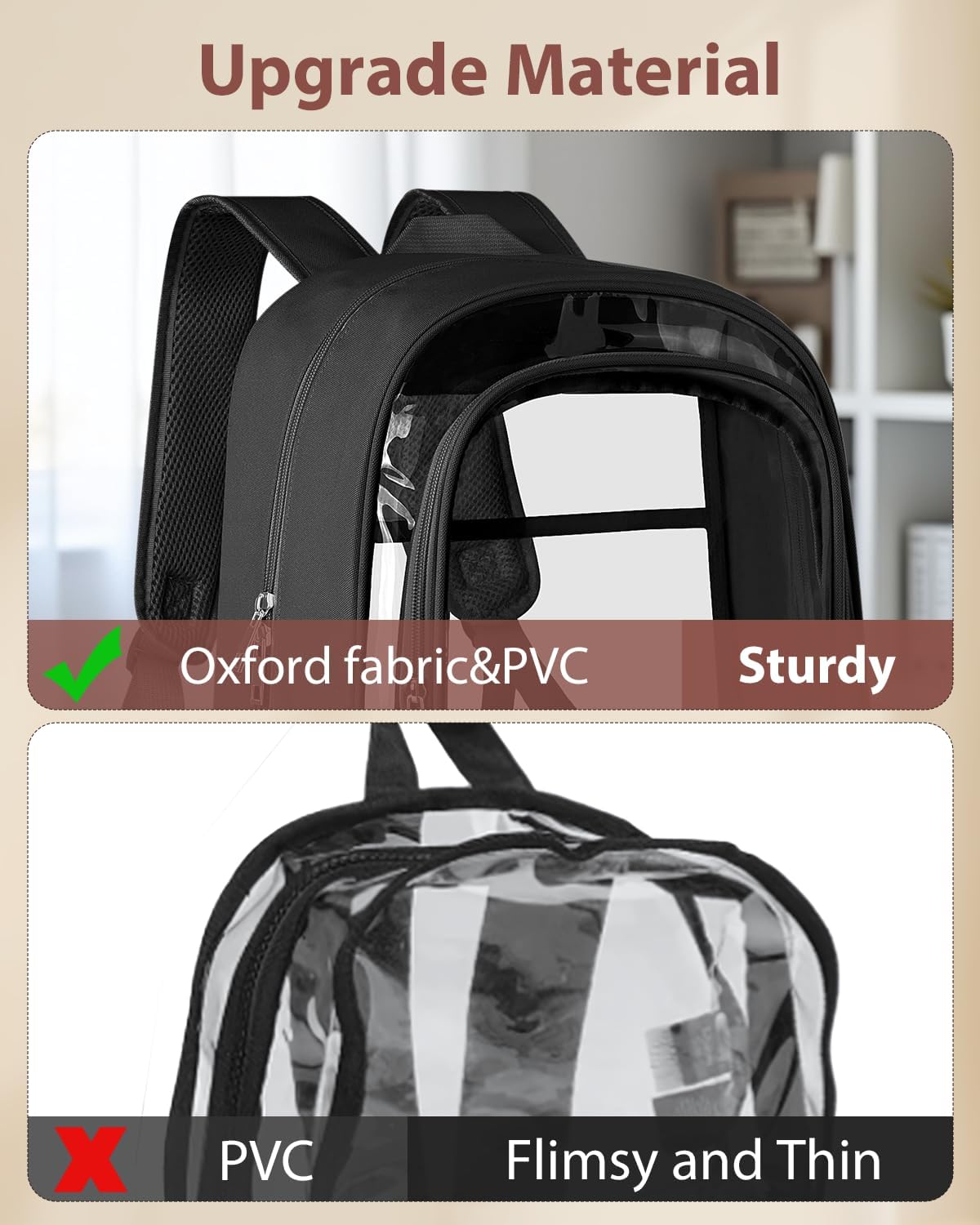 Clear Backpack, Fabric & PVC Transparent Backpack with Reinforced Strap for Women Men, Heavy Duty Transparent Bookbag, Large Capacity Clear Bag, Travel, Security, Black - Image 3