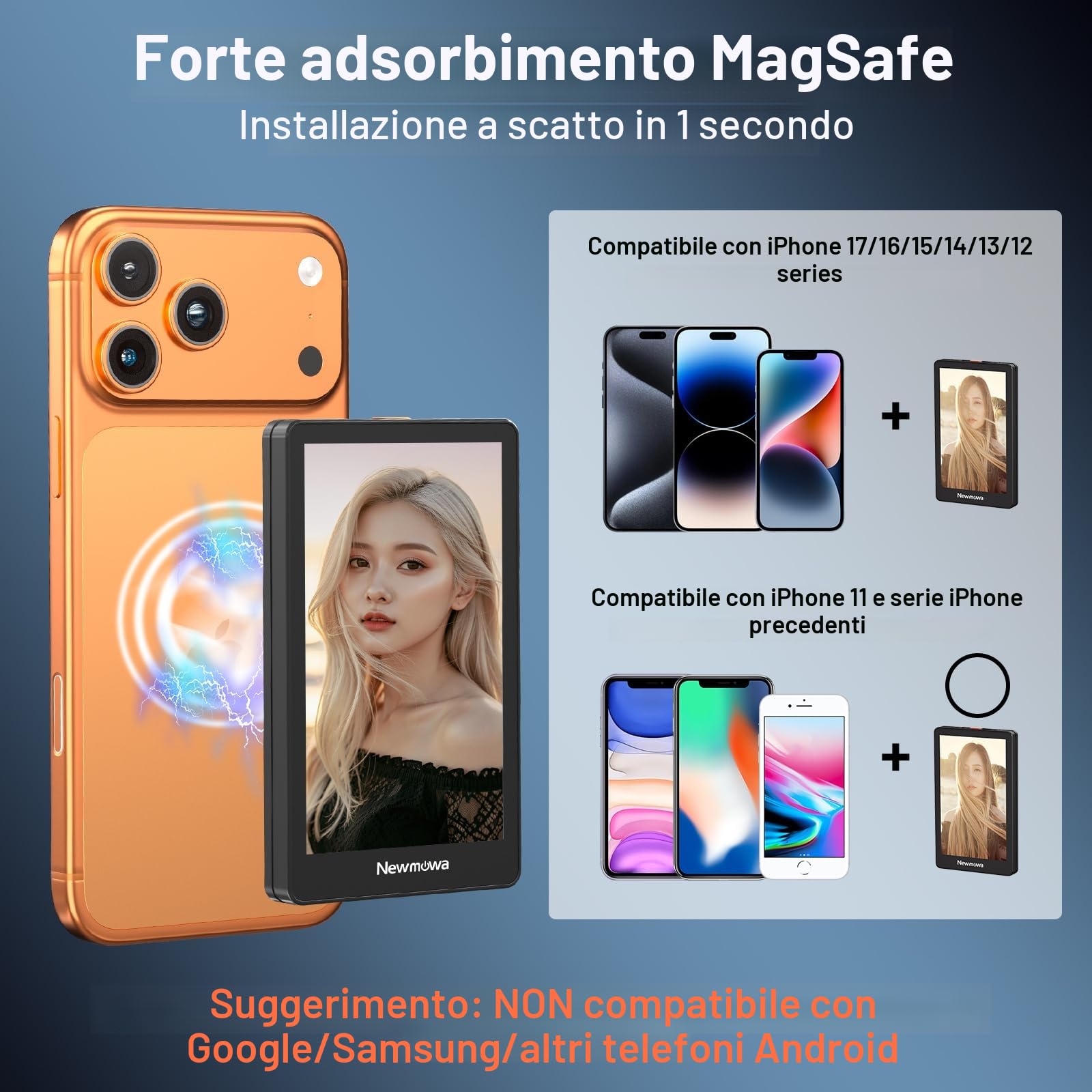 Newmowa Nero Magnetico Telefono Vlog Selfie Monitor Schermo,1080P Registrazione Wireless,Telefono Fotocamera Posteriore per Selfie Vlog TikTok,Compatibile con iPhone(Support 4K 30fps Wired Recording)