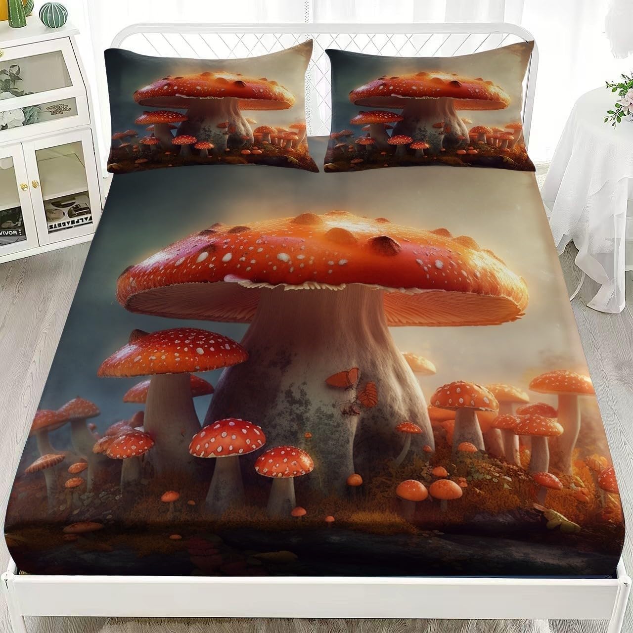 Magic Double Fitted Sheet Mushrooms Bed Sheets Deep Pocket 12 inch (30 cm) Soft Cozy 3 Piece Microfibre Bed Sheet 135x190 cm with 2 Pillowcases 50x75 cm