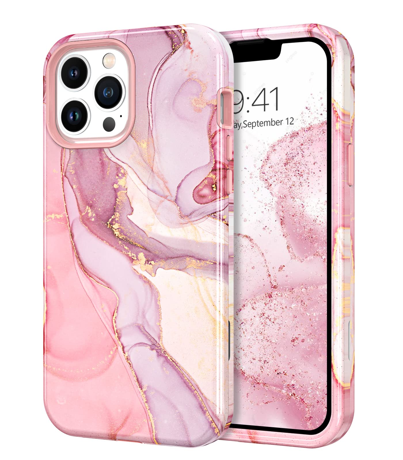 YINLAI for iPhone 13 Pro Max Case Marble Pattern 3 in 1 Full Body Rugged Hard PC Back Cover Bumper, Soft Silicone Drop Protection Girly Women Case for iPhone 13 Pro Max 6.7 Inch, Rose Gold Pink