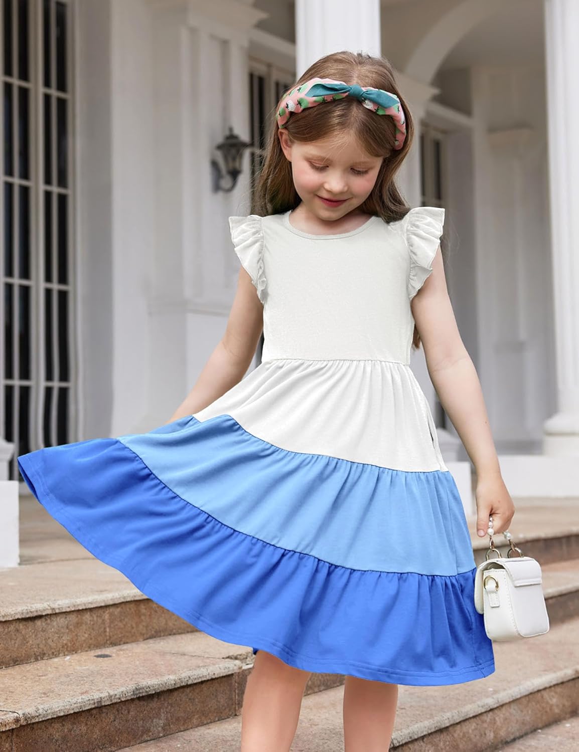 Arshiner Toddler Dress Girls Summer Ruffle Sleeve Tiered Swing Midi Casual Sundress with Pockets - Image 2