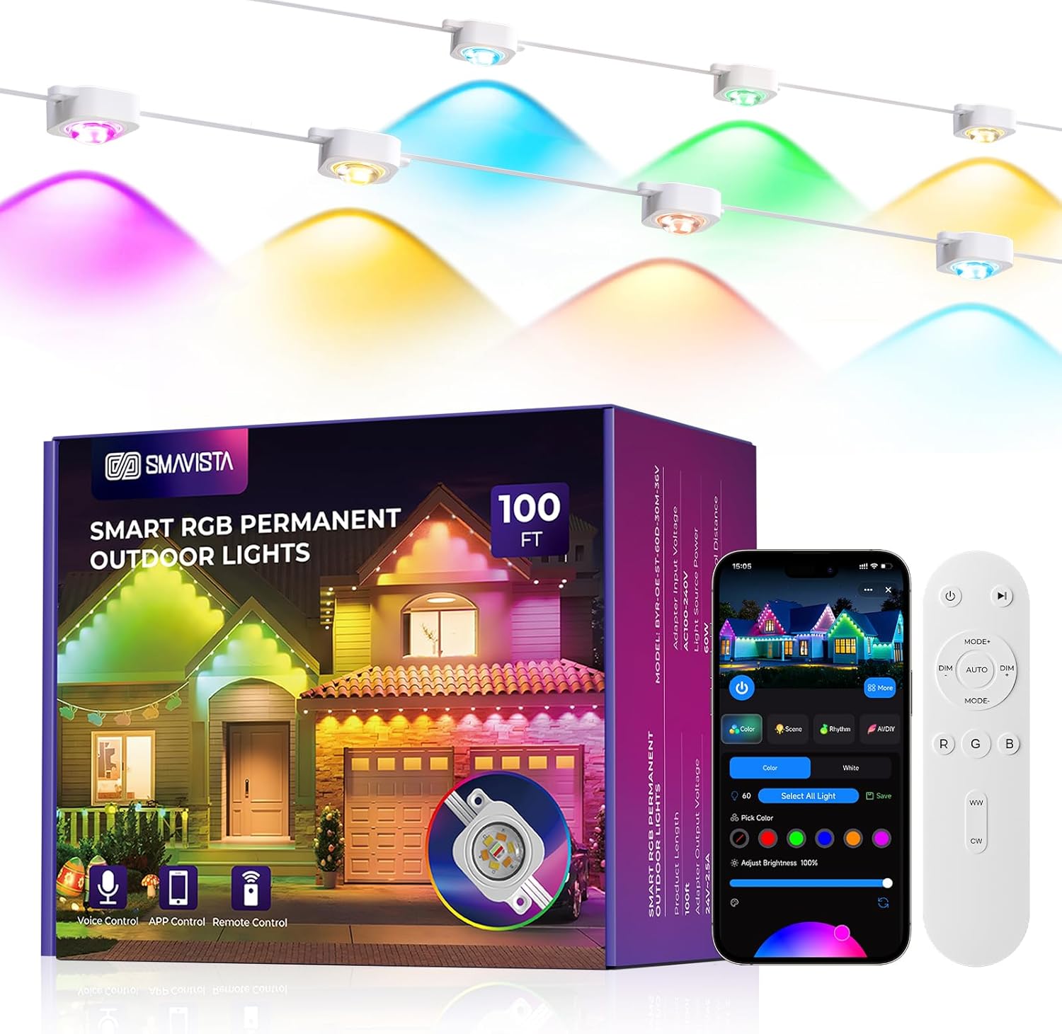 smart permanent outdoor lights pro, 100ft 60led rgb+ic+warm/cool white for daily, 100+ scene modes, waterproof eaves light for halloween christmas decor, works with alexa, google assistant