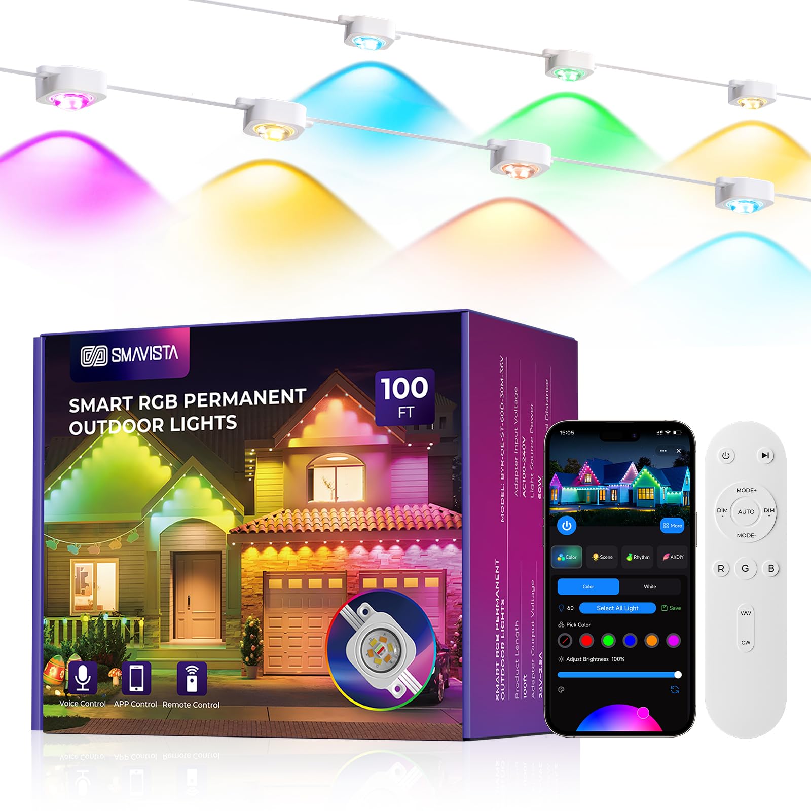 Photo 1 of SMAVISTA Smart Permanent Outdoor Lights Pro, 100ft 60LED RGB+IC+Warm/Cool White for Daily, 100+ Scene Modes, Waterproof Eaves Light for Halloween Christmas Decor, Works with Alexa, Google Assistant