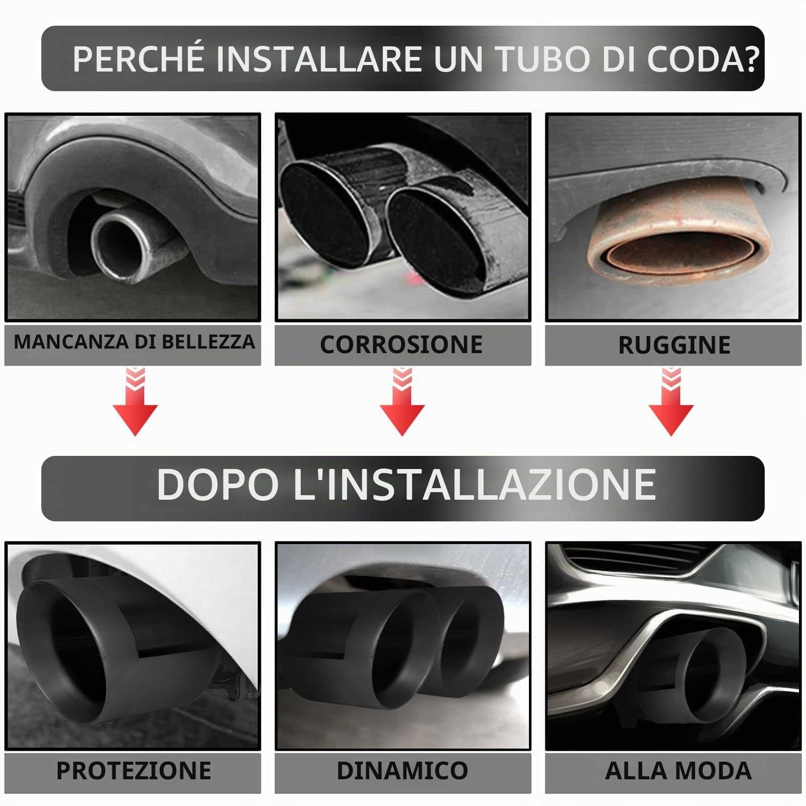 Terminale di Scarico Auto 2.5" - Ingresso 2.5" Lunghezza 6.5" Doppio Strato Acciaio Inox Terminale Silenziatore Universale per Tubi di Scarico 2.5" Installazione a Bulloni (Nero Dritto)