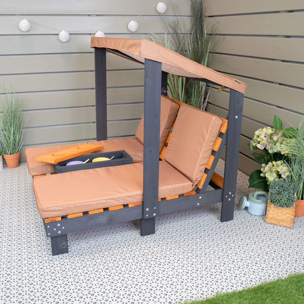 Meppi Chaise Longue Double pour Enfants Bornholm en Bois avec Porte-gobelet et Protection Solaire, pour Jardin