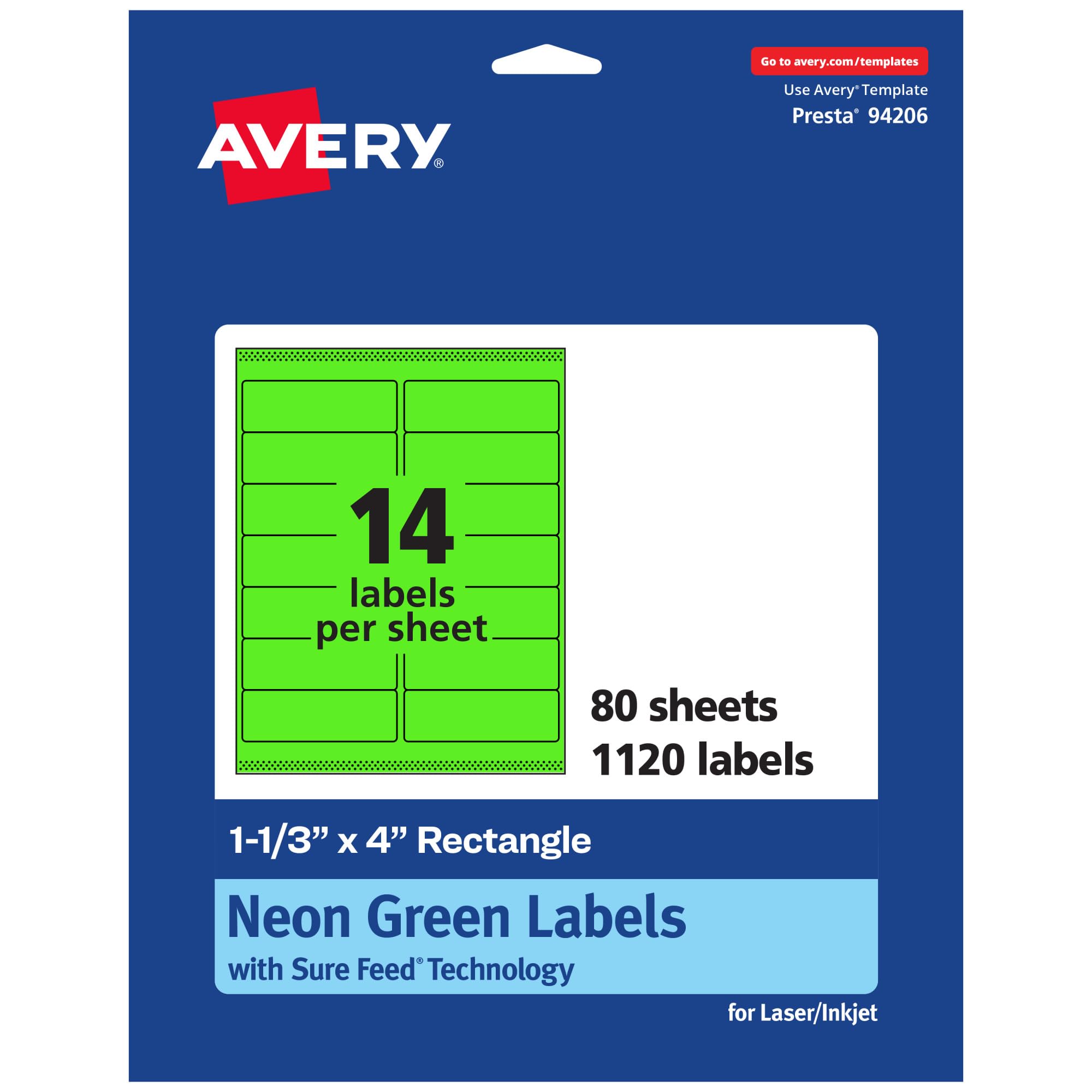 Avery Printable Rectangle Labels, Sure Feed Technology, 1-1/3" x 4", Neon Green Labels, Laser/Inkjet Printable, 1,120 Total, Great for Mailing and