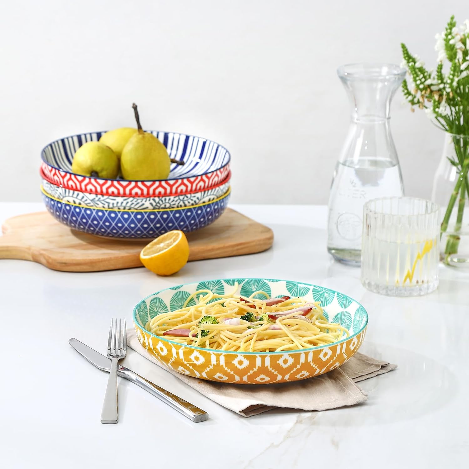 Selamica Ceramic Pasta Bowls Set of 4, 34 OZ Salad Bowls, 8.6 Inch Wide and Shallow Bowls, Microwave & Dishwasher Safe, Assorted Colors