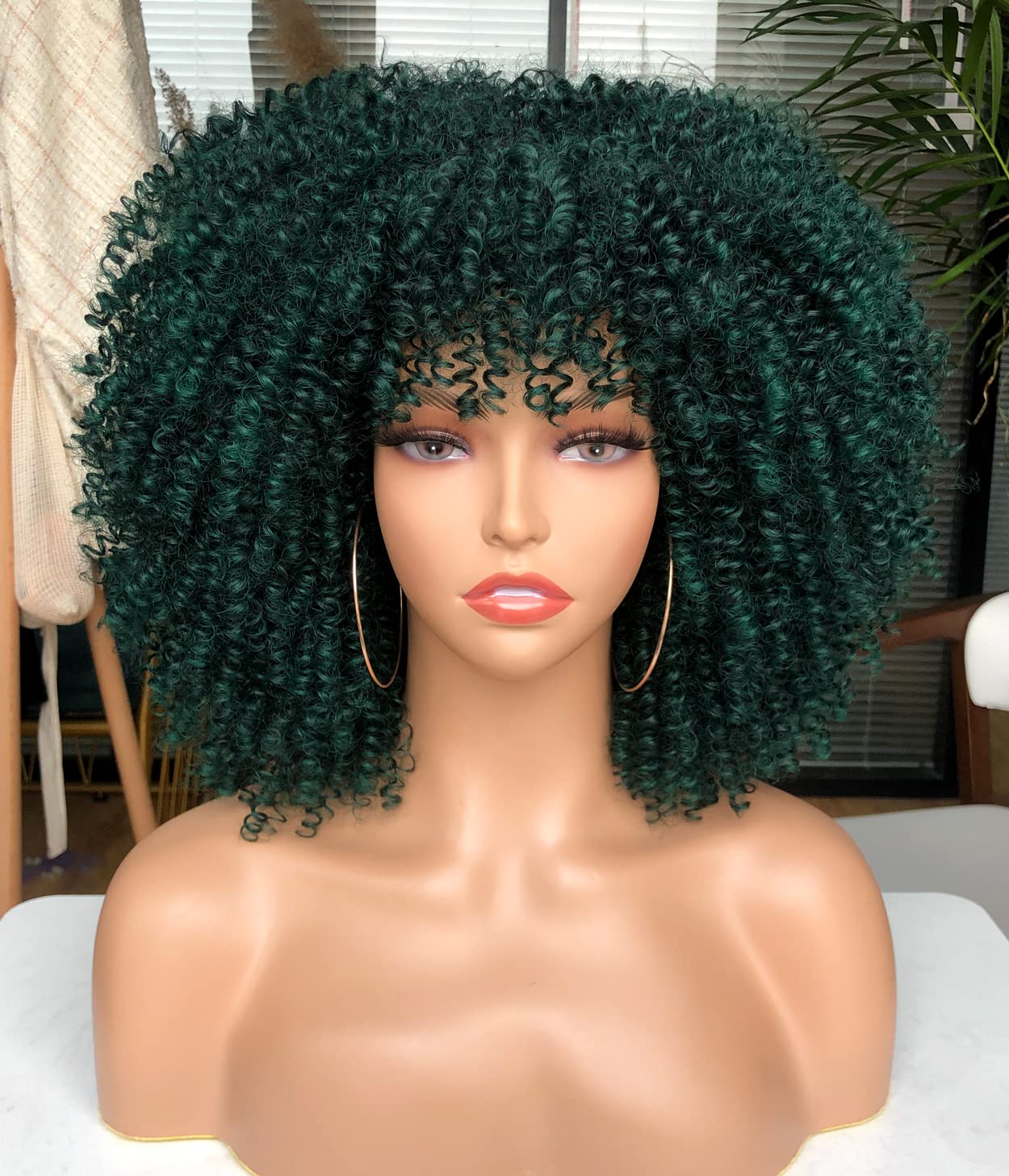 CURLCRAZY Curly Wig with Bangs for Black Women Short Kinky Curly Wig 14inch Afro Hair Halloween Party Christmas Cosplay Wigs(Dark green)