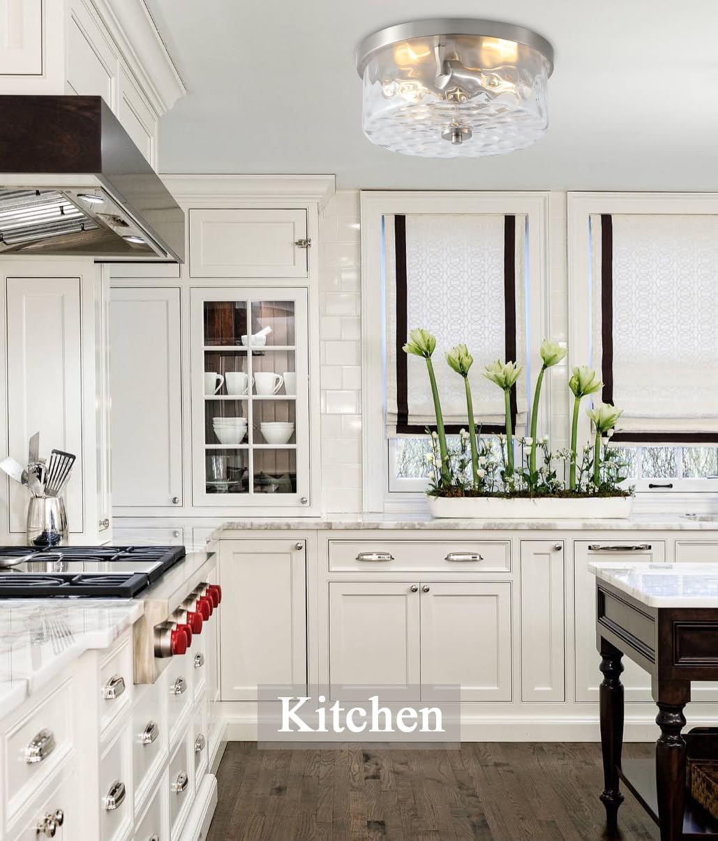 Hammered Glass Brushed Nickel Flush Mount Ceiling Light,2-Lights Modern Farmhouse Ceiling Lighting Fixture for Kitchen Hallway Bedroom,Indoor Antique Foyer Light