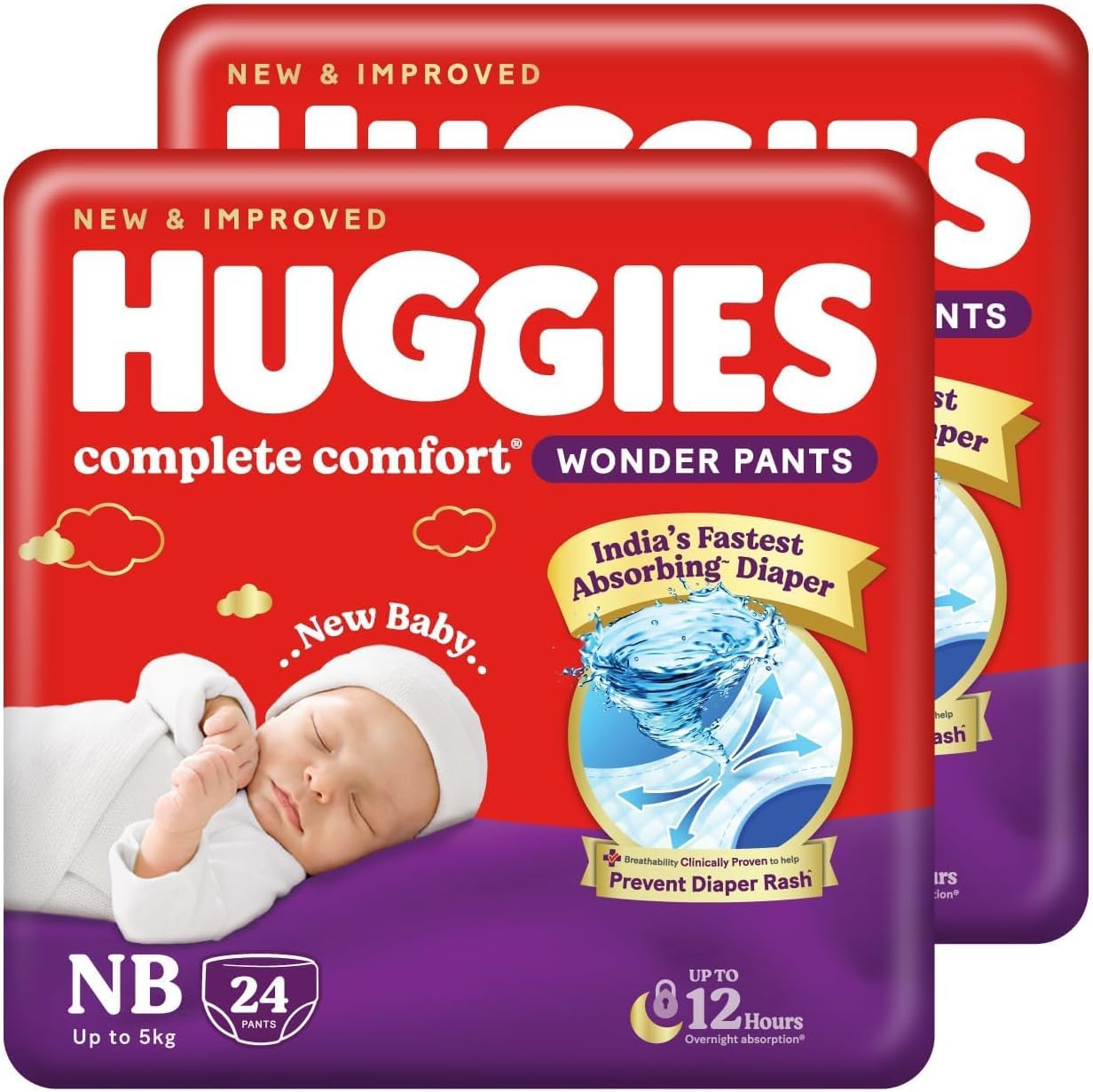 Huggies Complete Comfort Wonder Pants | Pant Style Baby Diapers Newborn Size (NB/XS), 48 Count | India's Fastest Absorbing Diaper, Prevents Diaper Rash, Ideal for 0-5 Kgs (24 Count, Pack of 2)