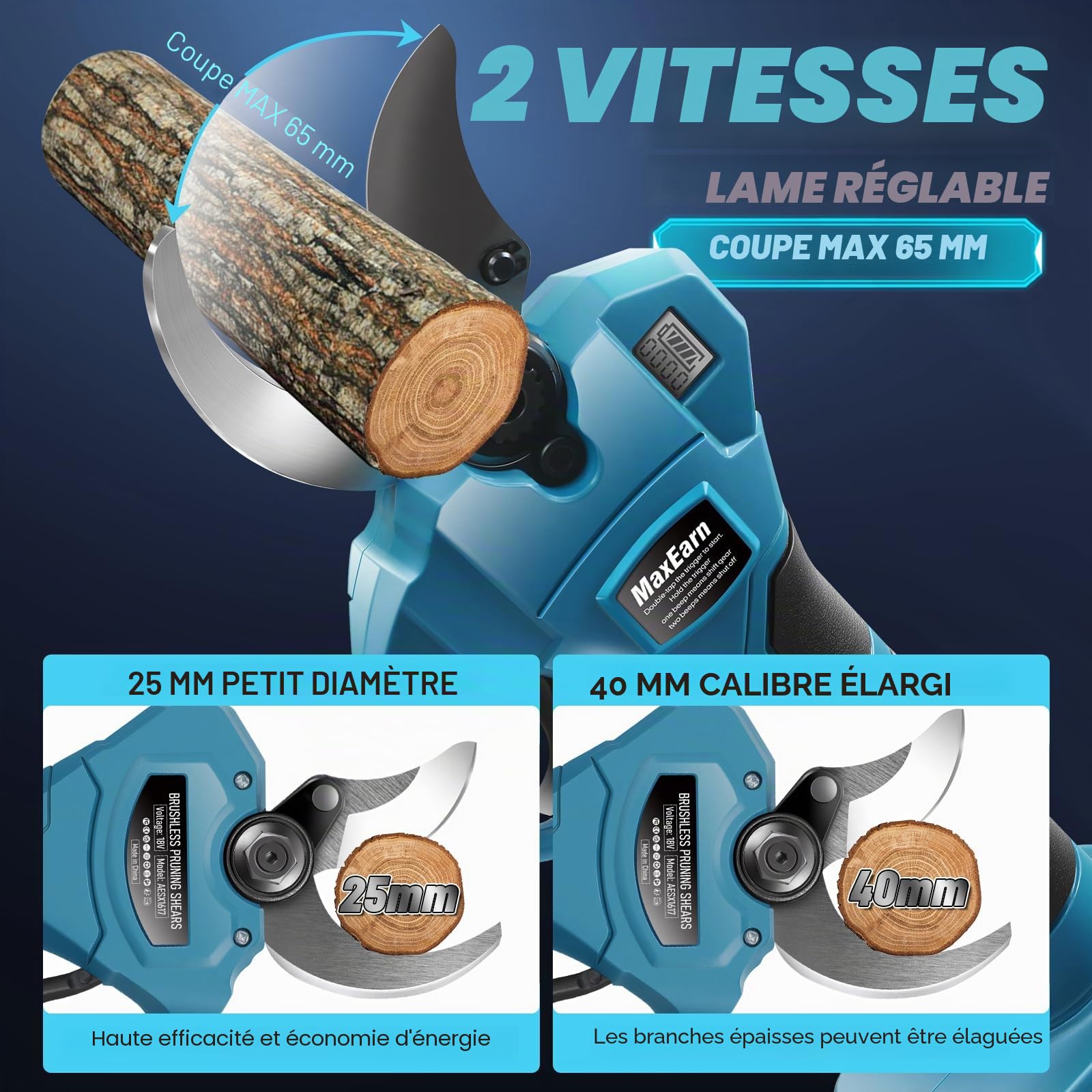 Sécateur électrique sans fil pour Makita 18 V, 40 mm, coupe maximale 65 mm, écran LCD, ciseaux électriques avec étui pour élagage des arbres et arbustes (sans batterie)